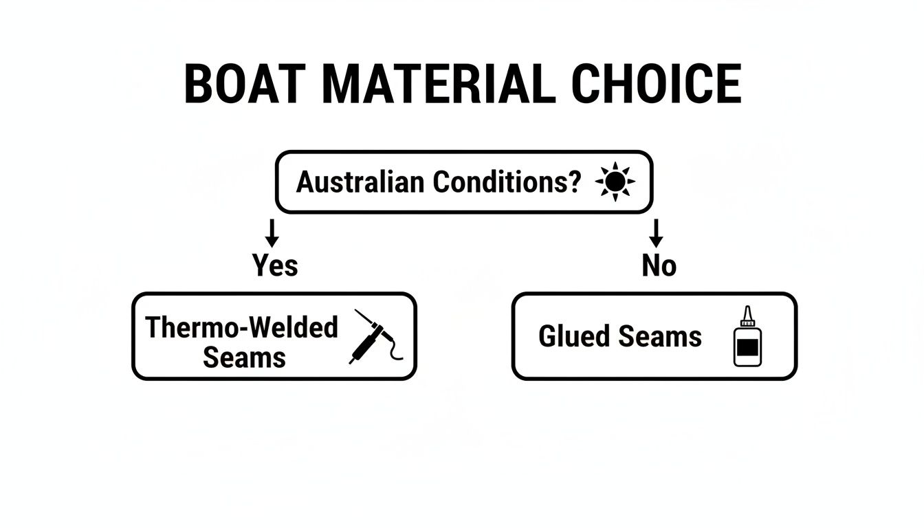 Flowchart for boat material choice: Australian conditions lead to thermo-welded seams, otherwise glued seams.