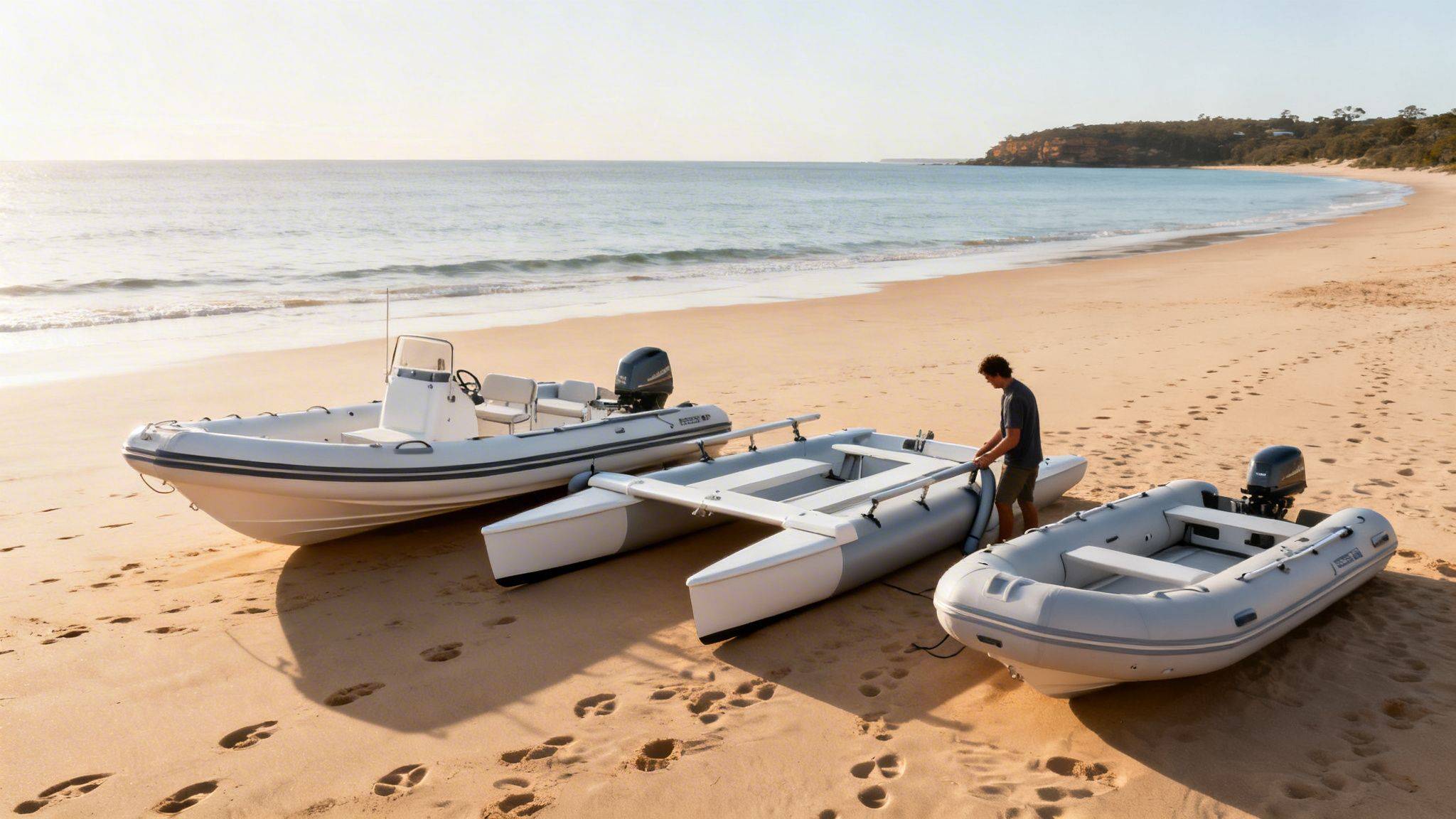 A man prepares three boats on a wide sandy beach next to the ocean under a bright sky.
