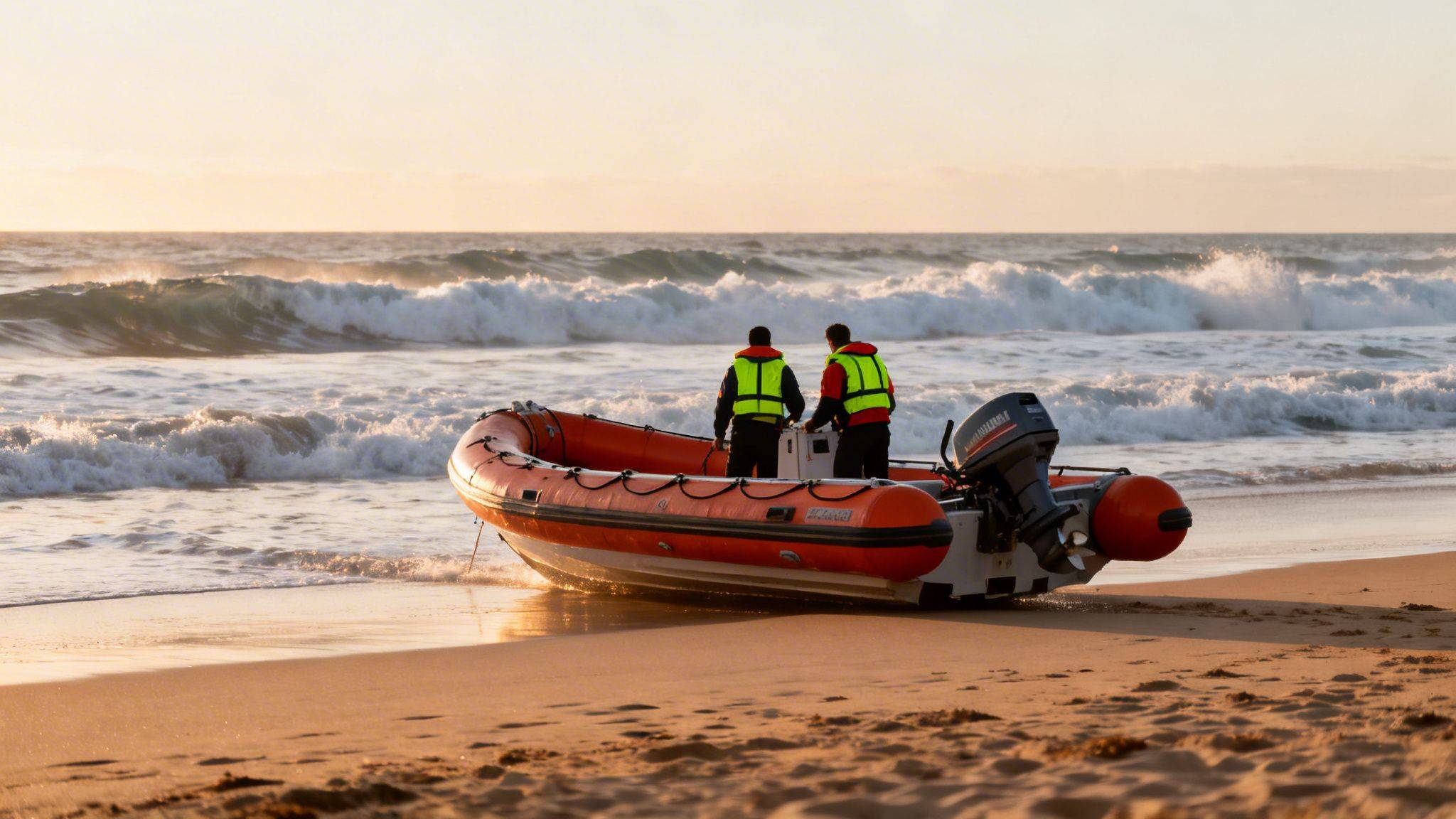 Two people in bright vests stand in an orange inflatable boat on a sandy beach at sunset.