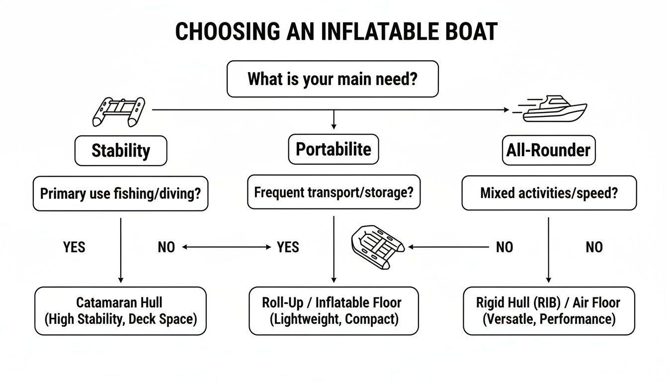 A flowchart guiding the selection of an inflatable boat based on stability, portability, or all-rounder needs.