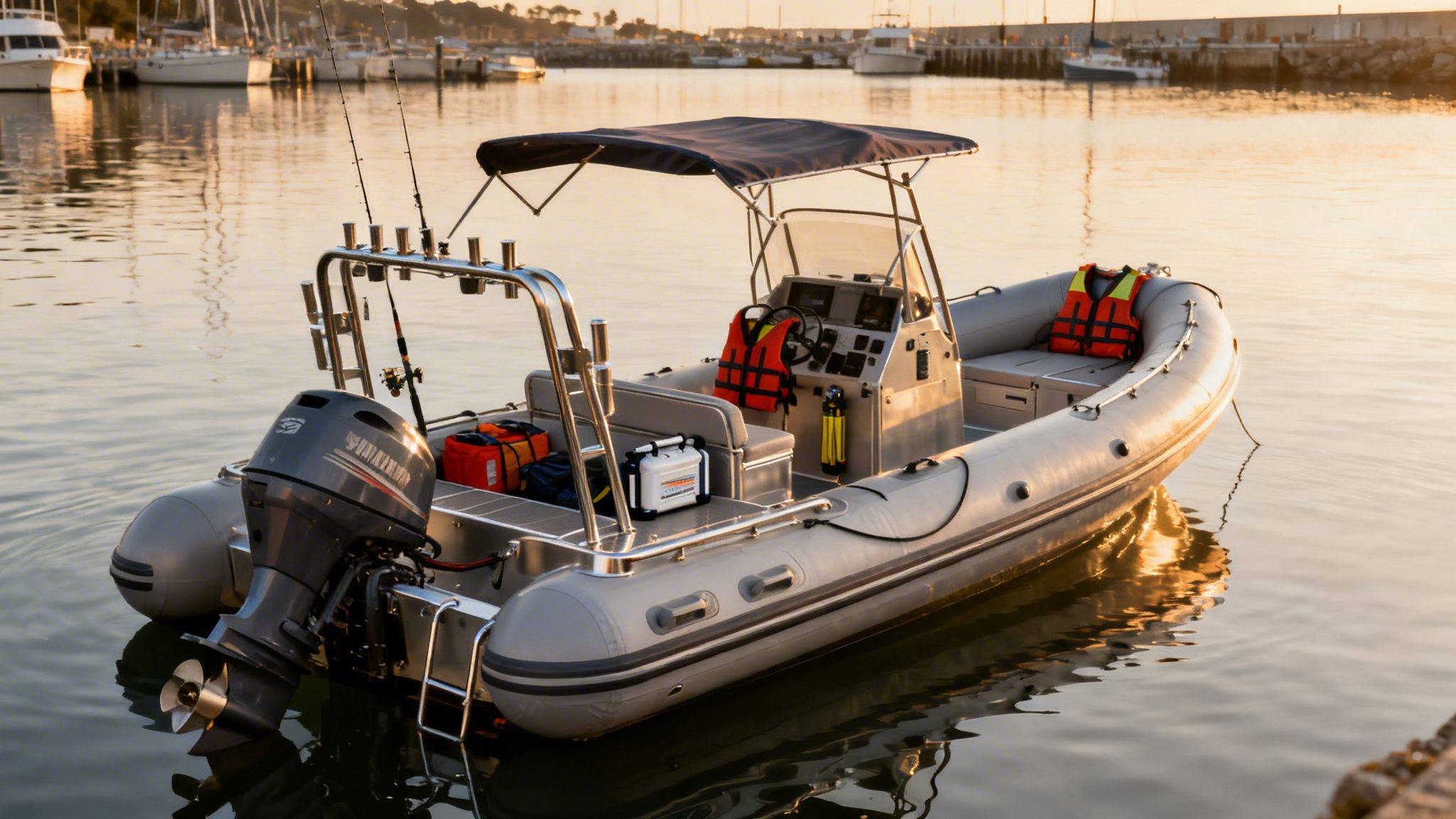 Grey inflatable rescue boat with fishing rods and orange life vests, reflecting golden light on calm water.