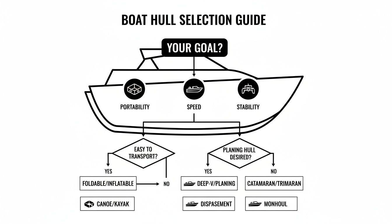 Flowchart illustrating boat hull selection based on desired traits: portability, speed, and stability.