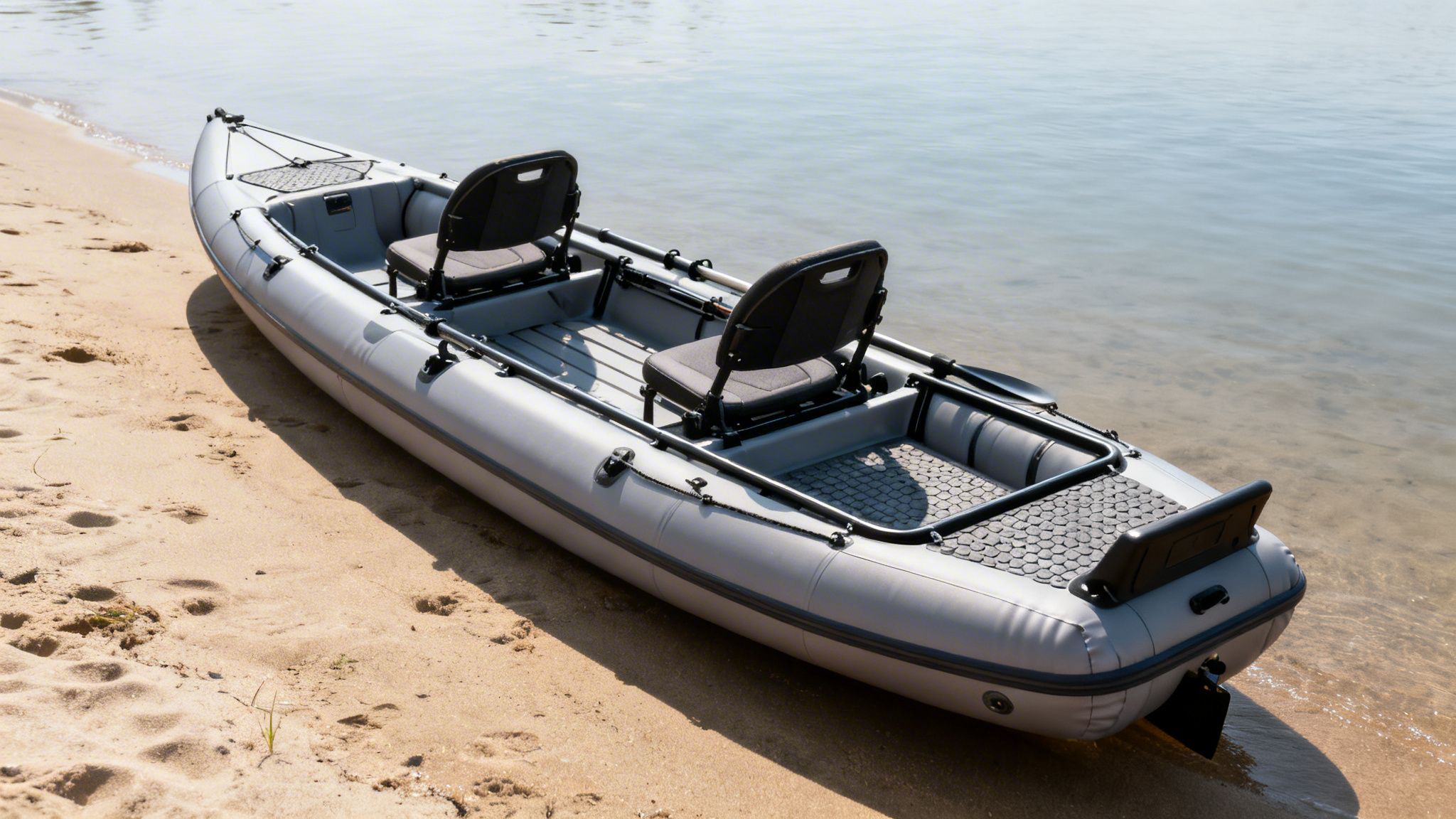 A gray inflatable two-person kayak with two seats sits on a sandy beach next to calm water.