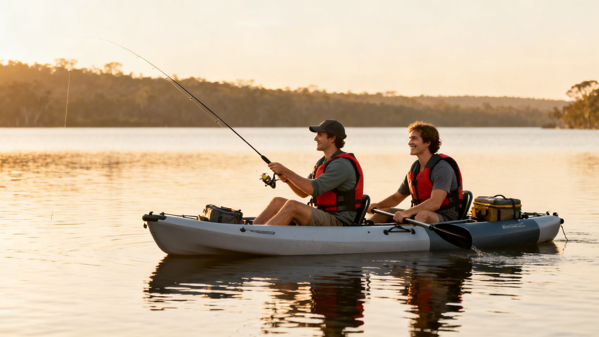 Two men happily fishing from a two-person kayak on a calm lake at sunset.