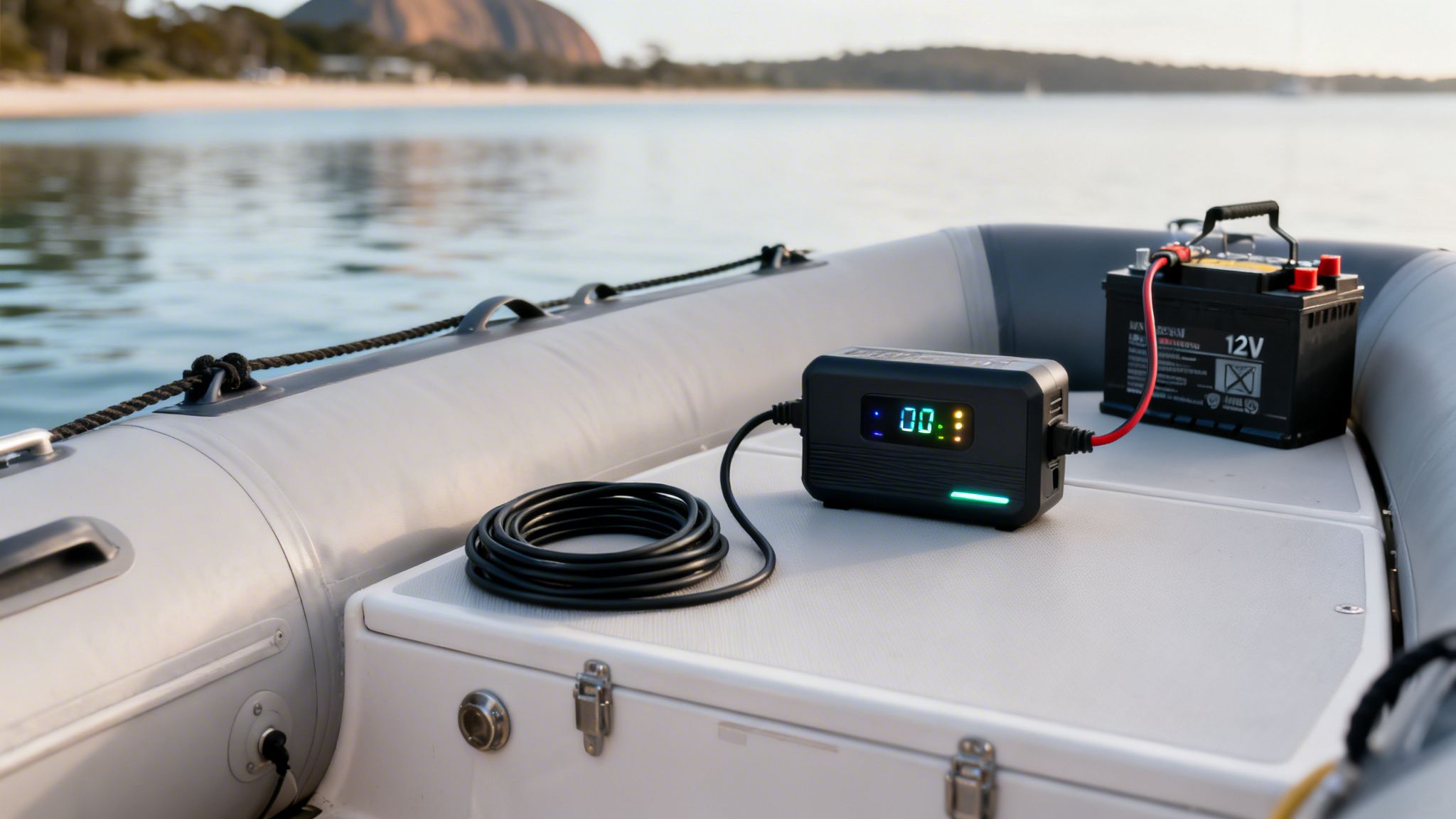 A black marine battery charger connected to a 12V battery on a boat deck by the water.