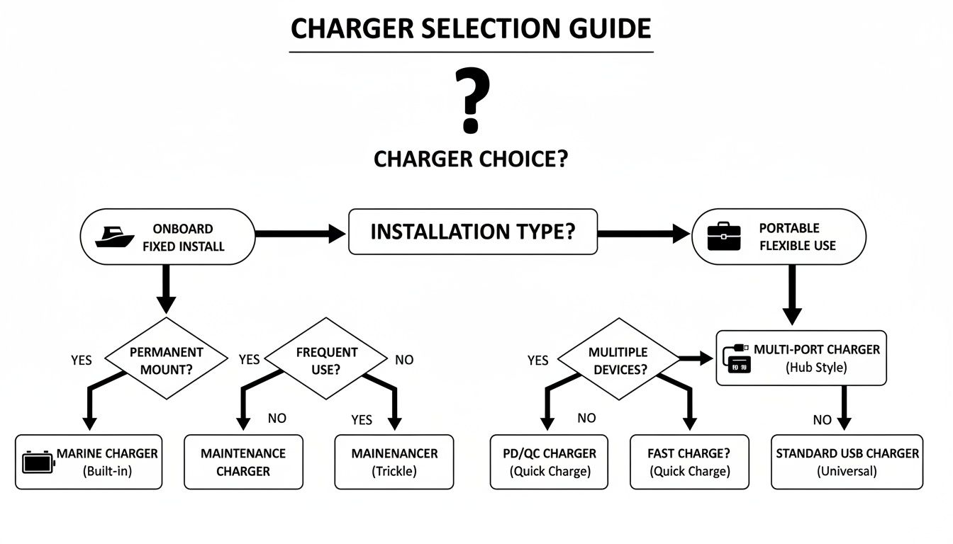 Flowchart guiding charger selection for onboard fixed install or portable use, detailing types like marine, maintenance, multi-port, and quick charge.