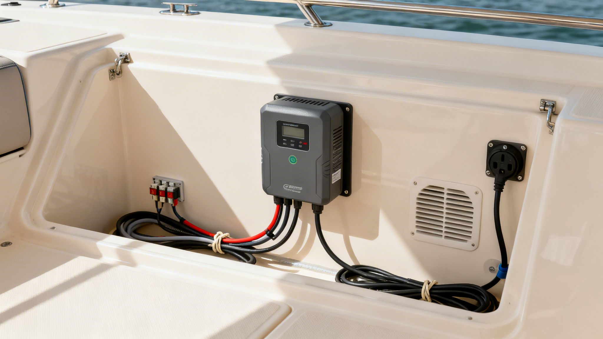 Marine boat compartment displaying a solar charge controller, electrical wiring, fuse block, and shore power outlet.