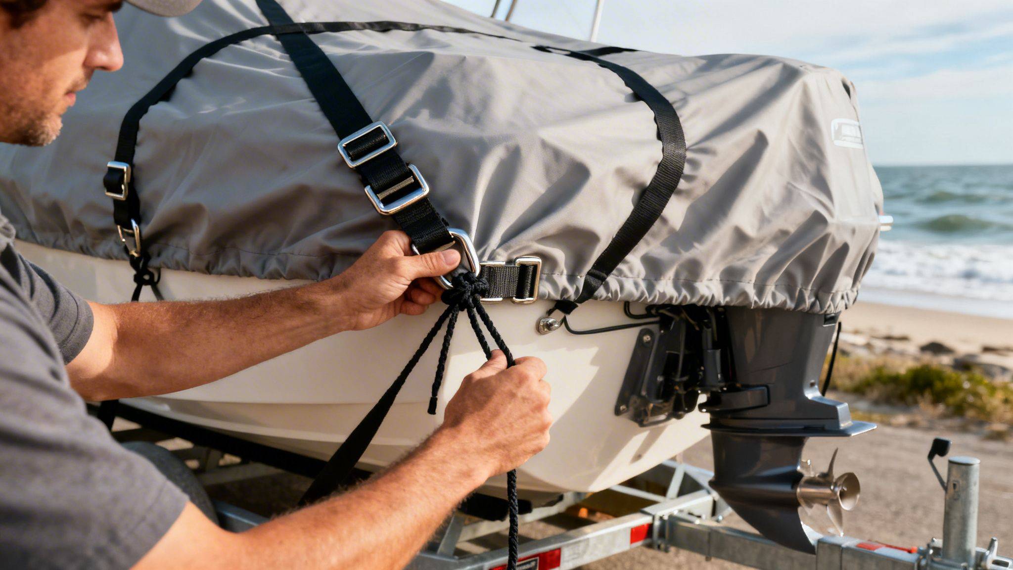 Man tying down a grey boat cover with black straps on a boat trailer by the ocean.