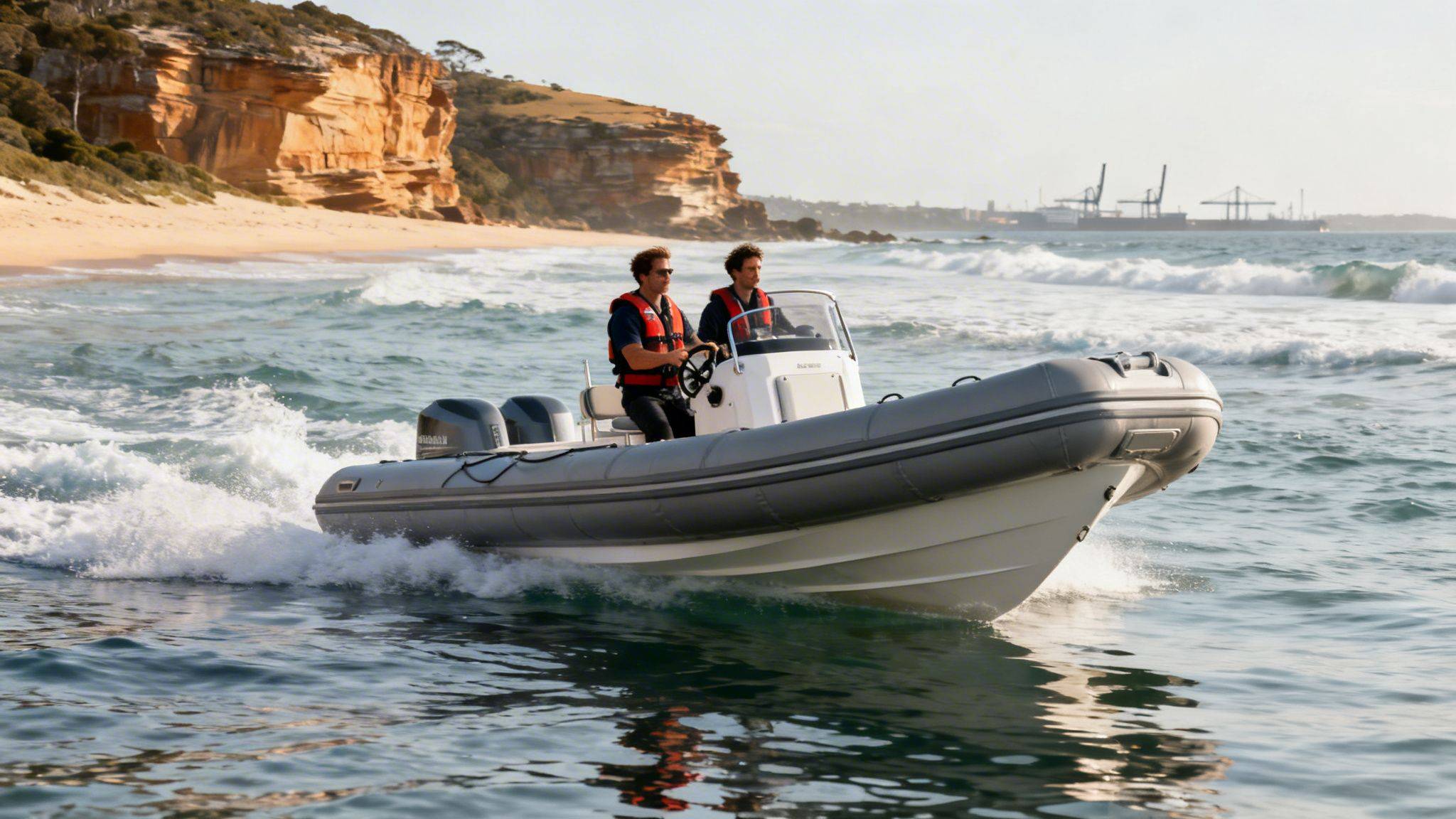 Two men in life jackets steering a rigid inflatable boat through ocean waves near a beach.