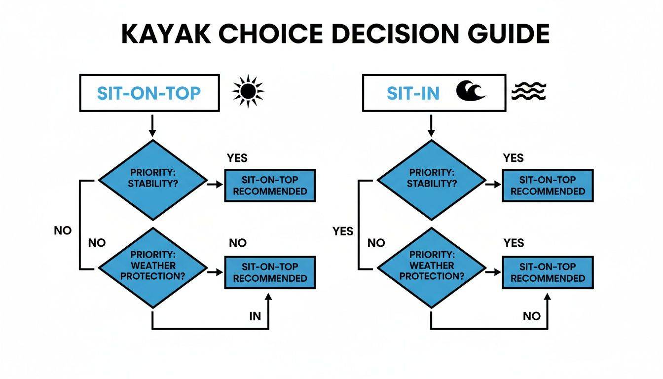 Flowchart decision guide for choosing between sit-on-top and sit-in kayaks based on stability and weather protection.