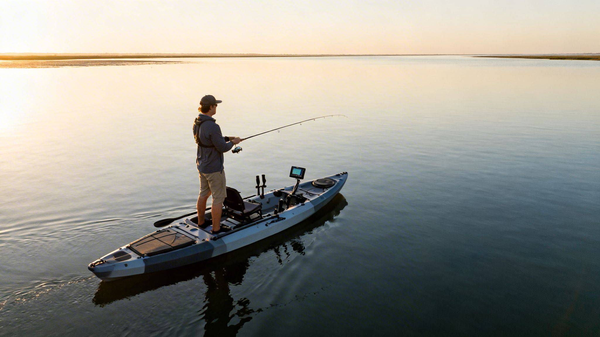 Man fishing from a sit-on-top kayak on a calm lake at sunrise.