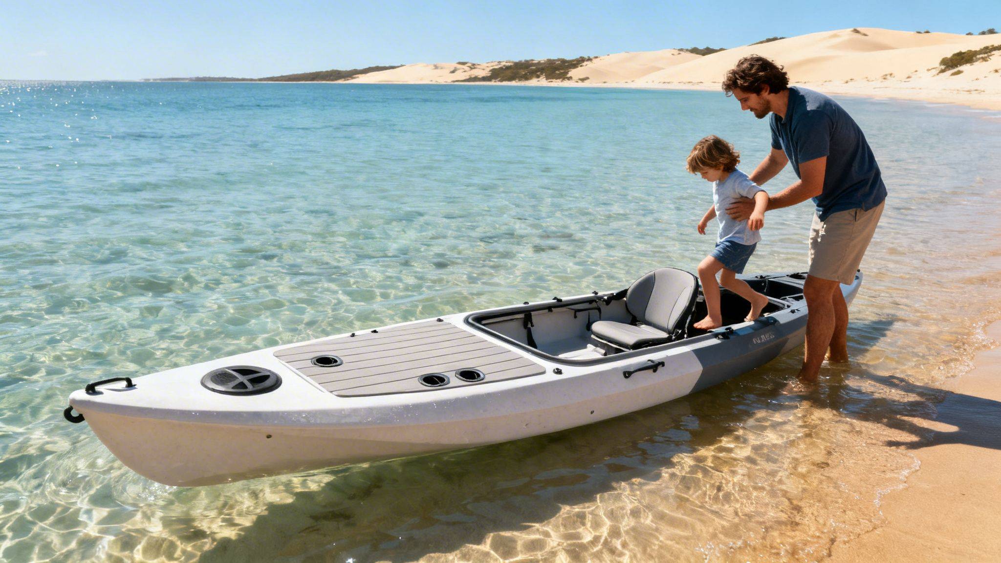 A father helps his young son into a sit-on-top kayak on a clear water beach.