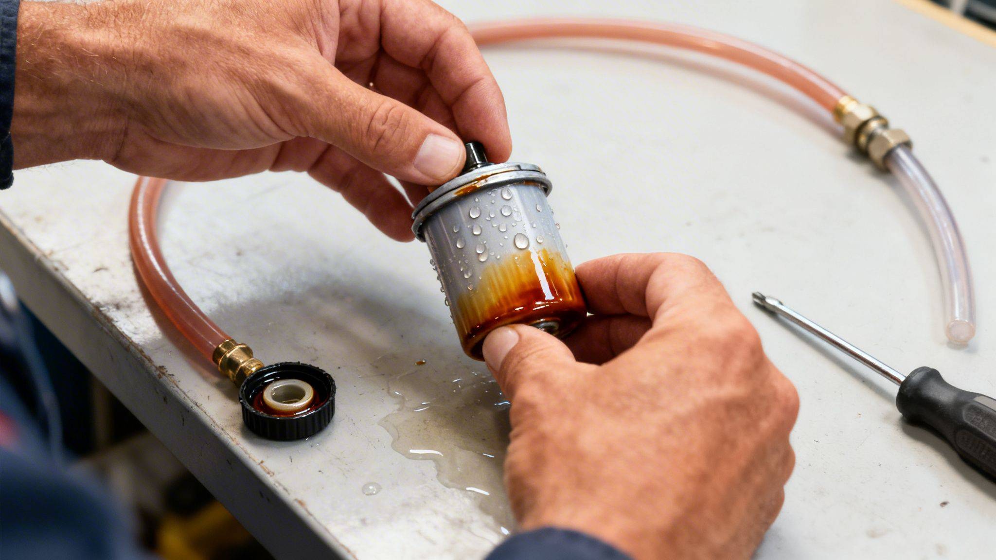 Hands inspect a wet, dirty fuel filter with reddish-brown liquid, next to a clear tube and tools.