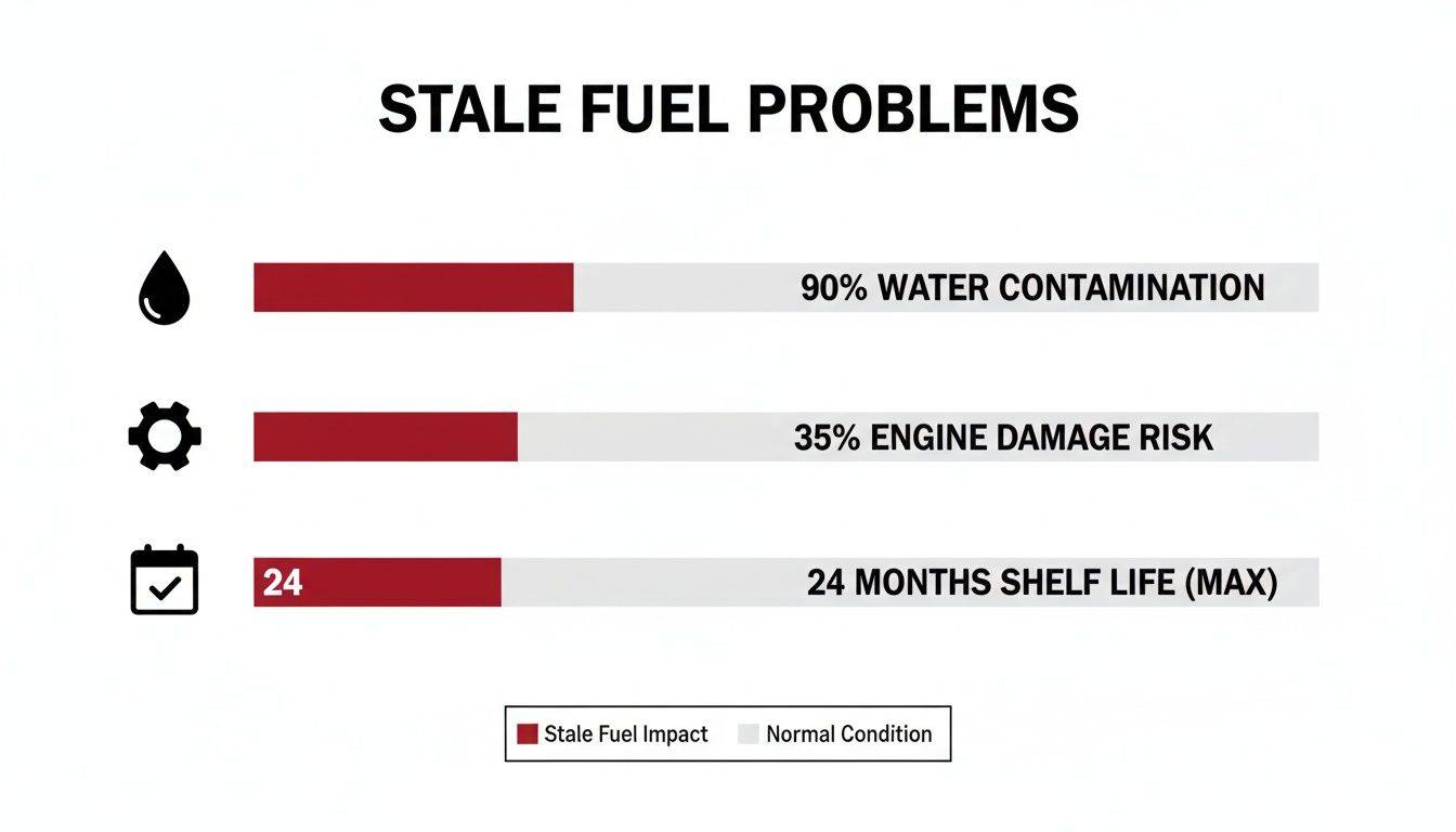 Infographic showing stale fuel problems: 90% water contamination, 35% engine damage risk, and 24 months maximum shelf life.
