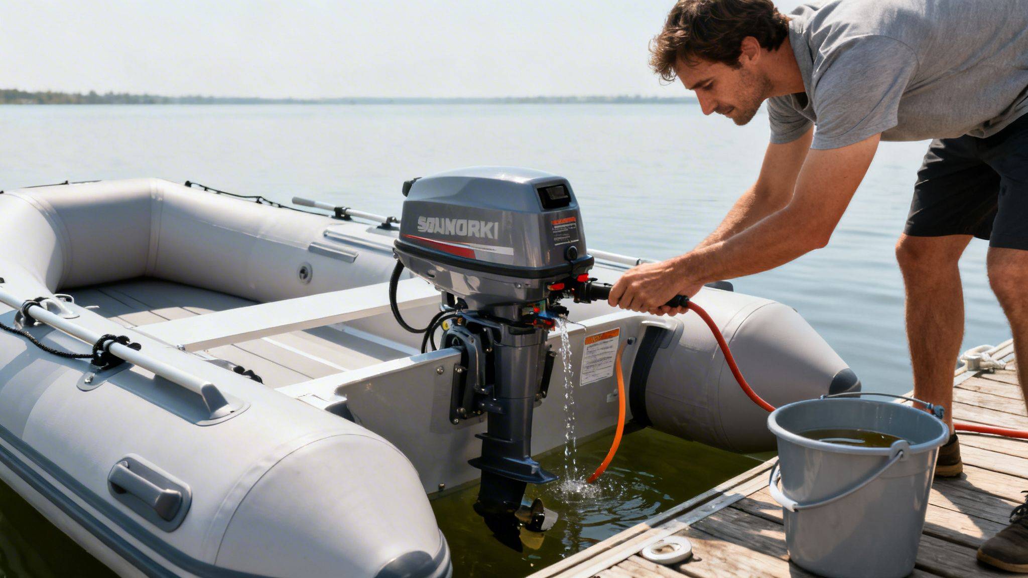 A man flushes a grey SAUNORKI outboard motor on an inflatable boat at a lake dock.