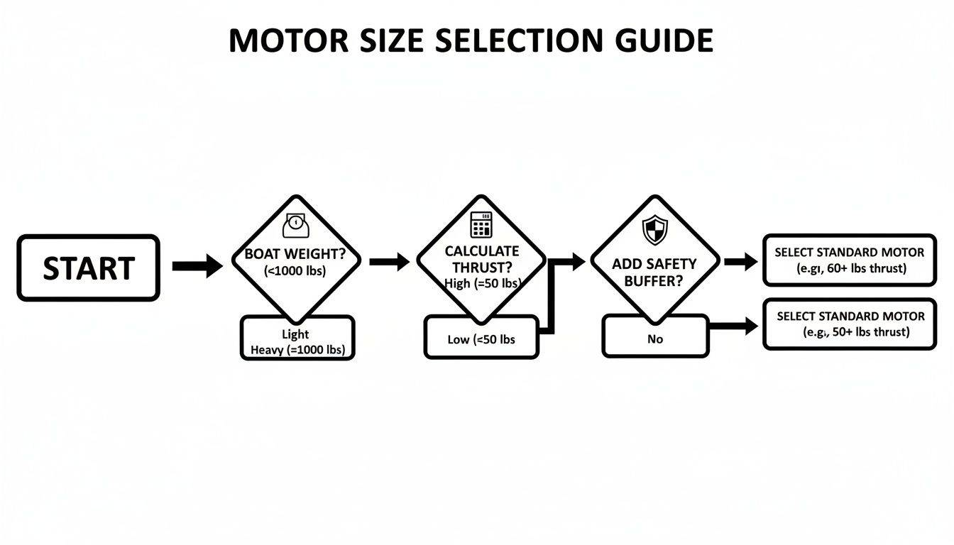 Flowchart showing a motor size selection guide based on boat weight, thrust calculation, and safety buffer considerations.