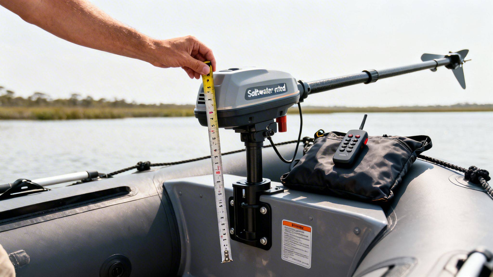 Hand measures a 'Saltwater rated' trolling motor on an inflatable boat with a tape measure.