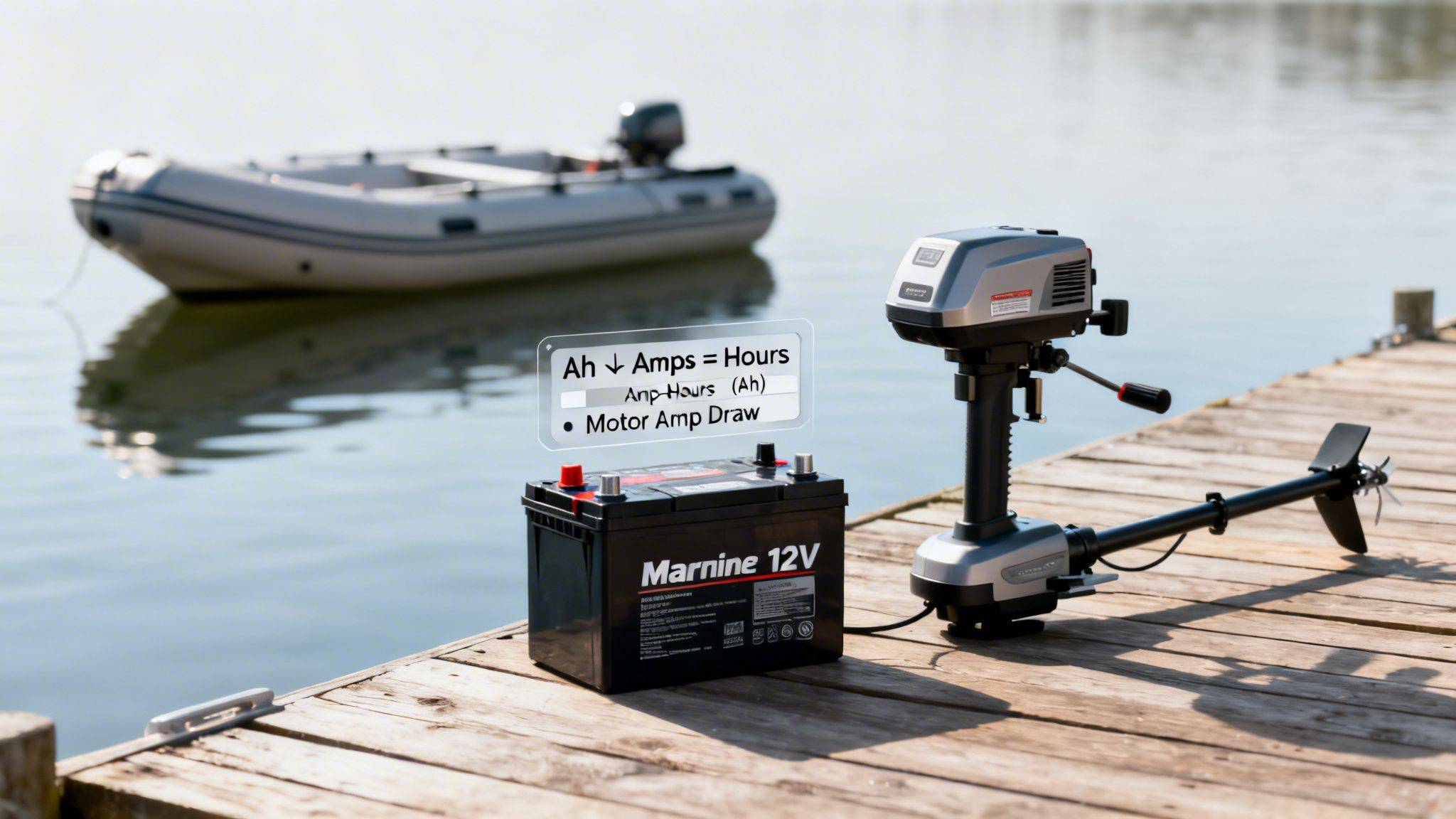 A marine 12V battery and a trolling motor on a wooden dock with an inflatable boat in the water, showing a power calculation graphic.