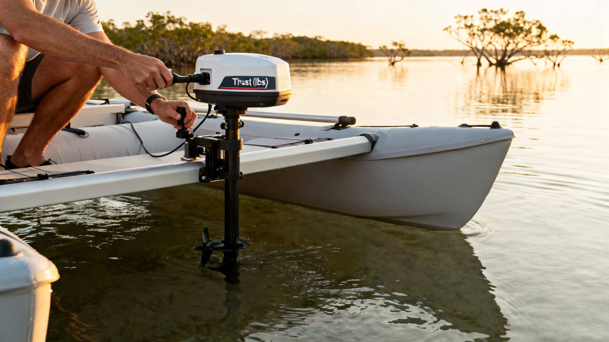 A person adjusts a white and black trolling motor on a small boat in calm water at sunset.