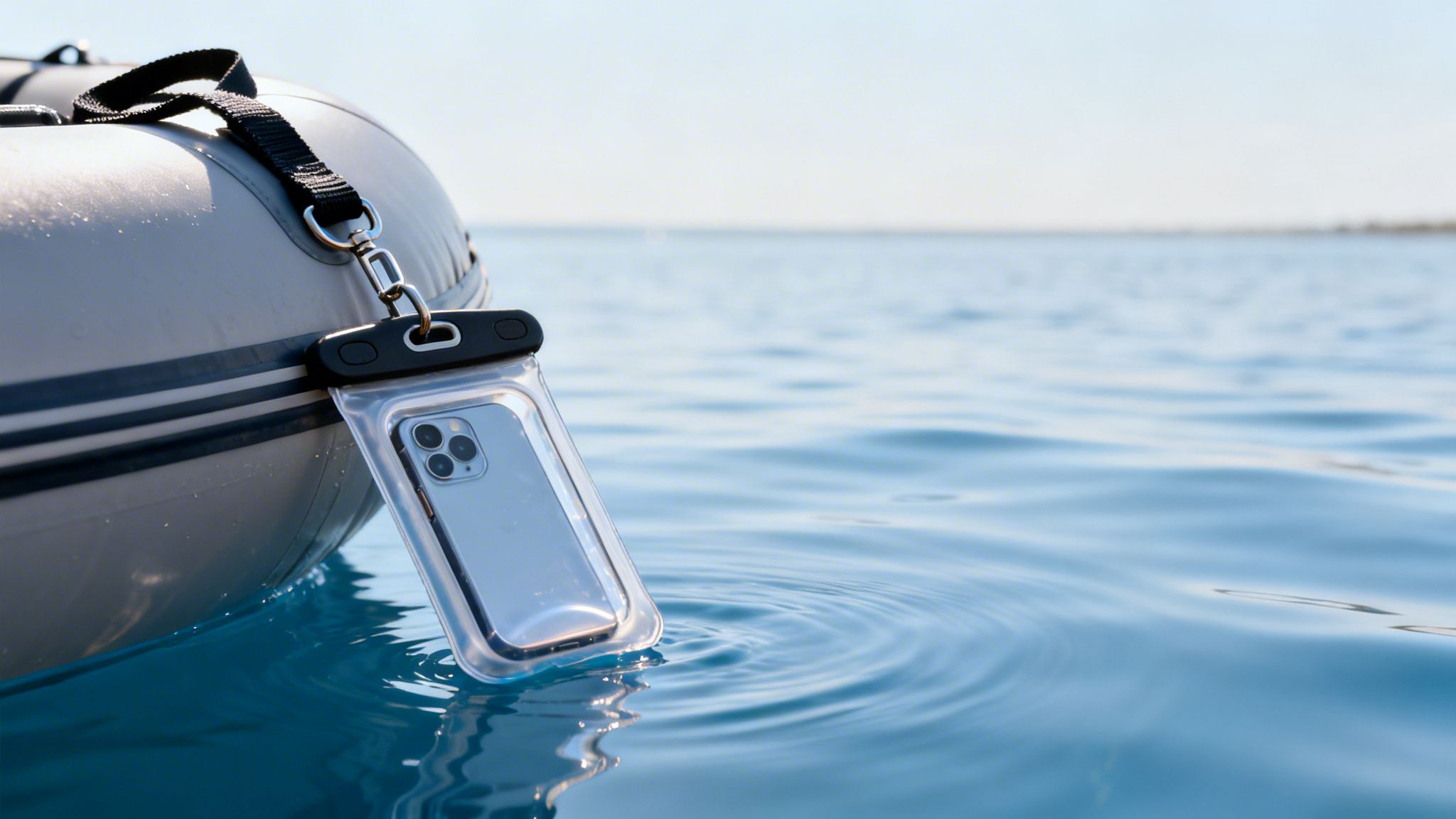 A waterproof phone pouch containing a smartphone, attached to an inflatable boat, partially submerged in blue water.
