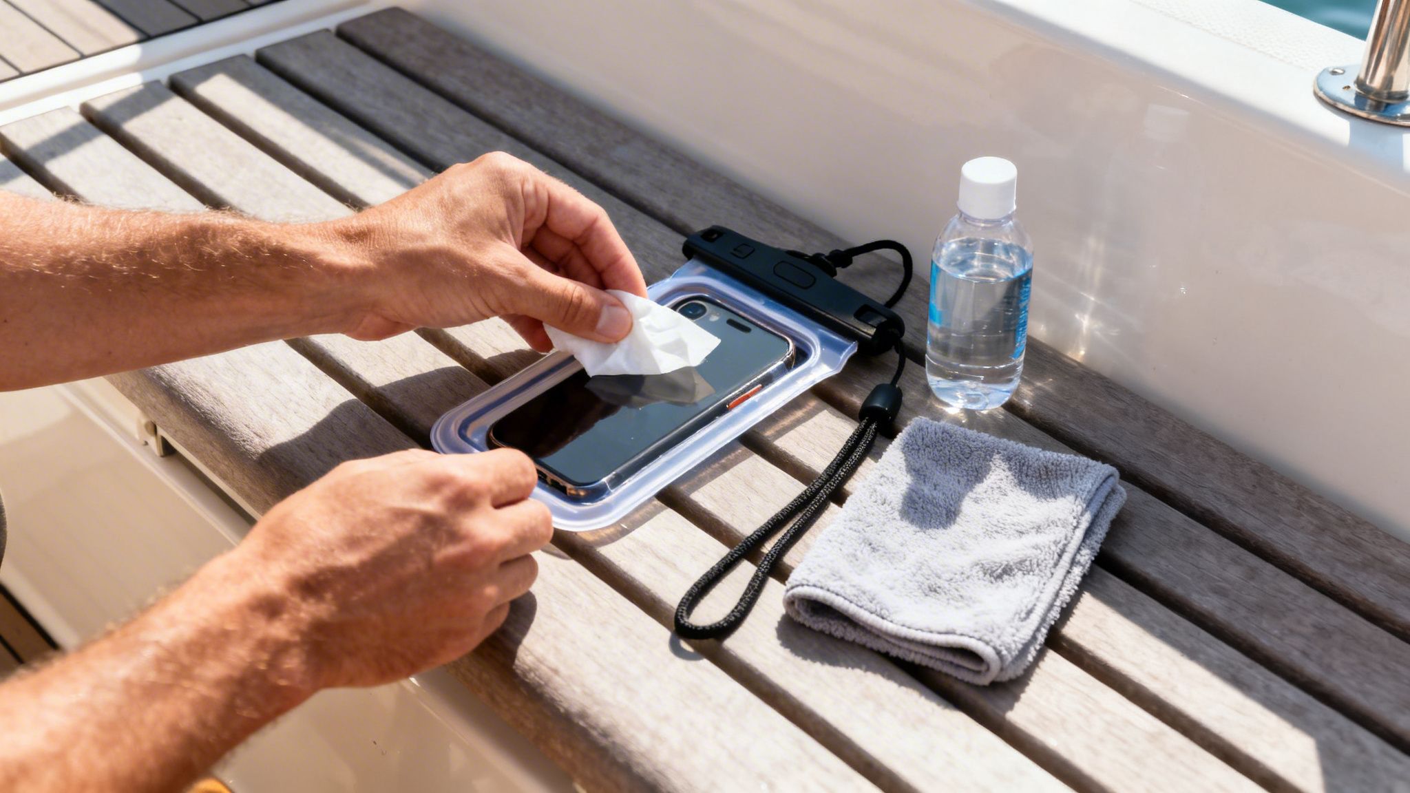 Hands cleaning a smartphone inside a clear waterproof pouch on a wooden boat deck.