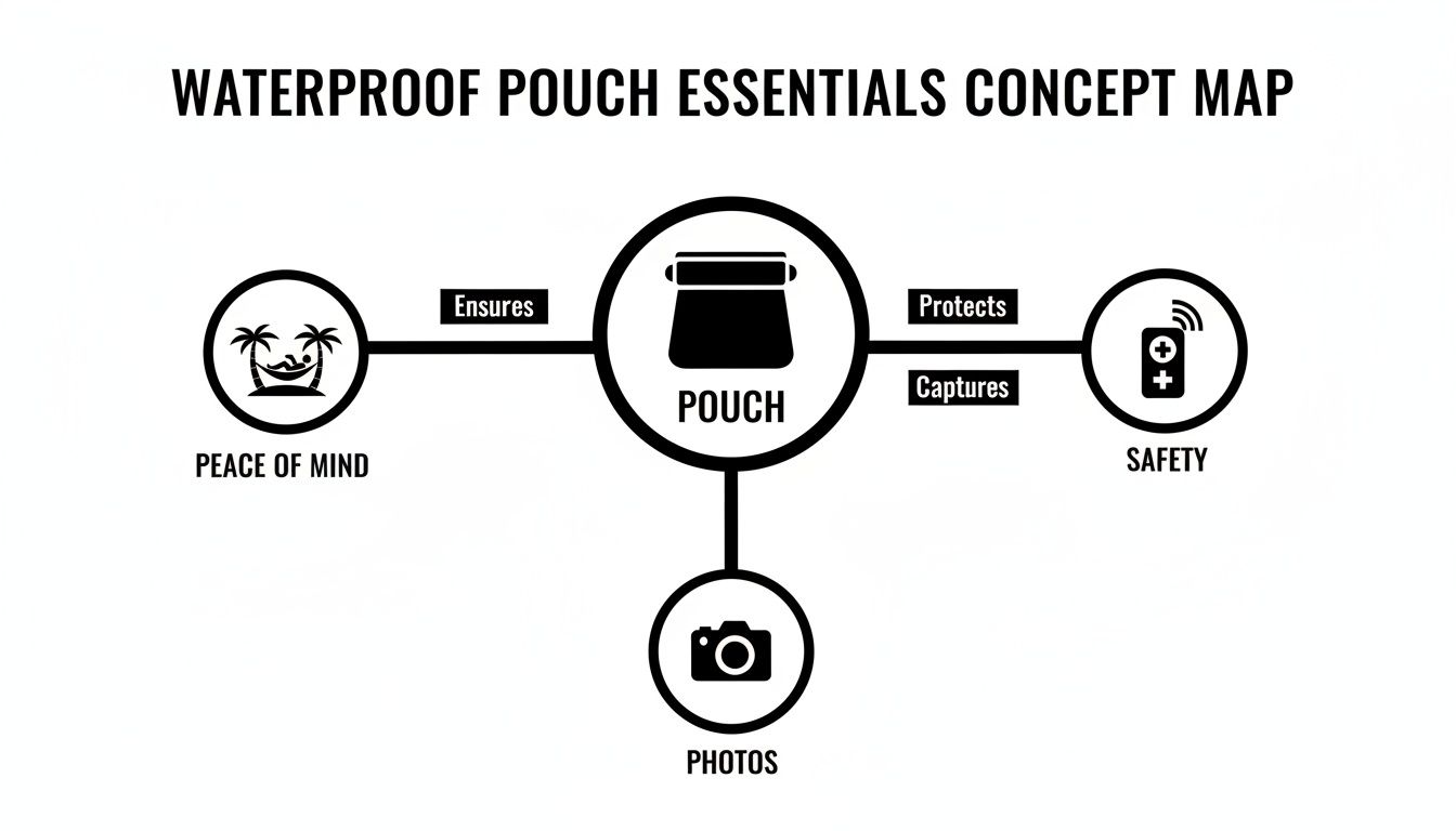 A concept map showing a waterproof pouch ensures peace of mind, protects safety, and captures photos.