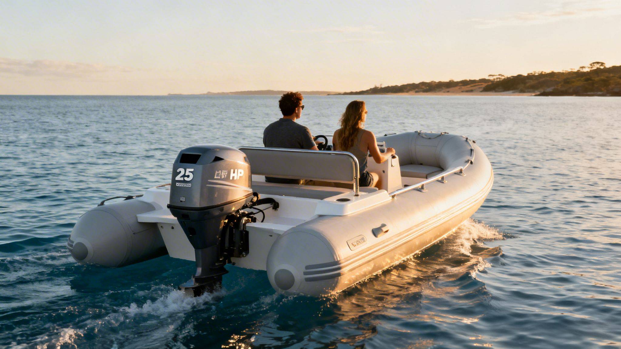 Two people enjoying a sunset boat ride on a rigid inflatable boat with a 25 HP engine.