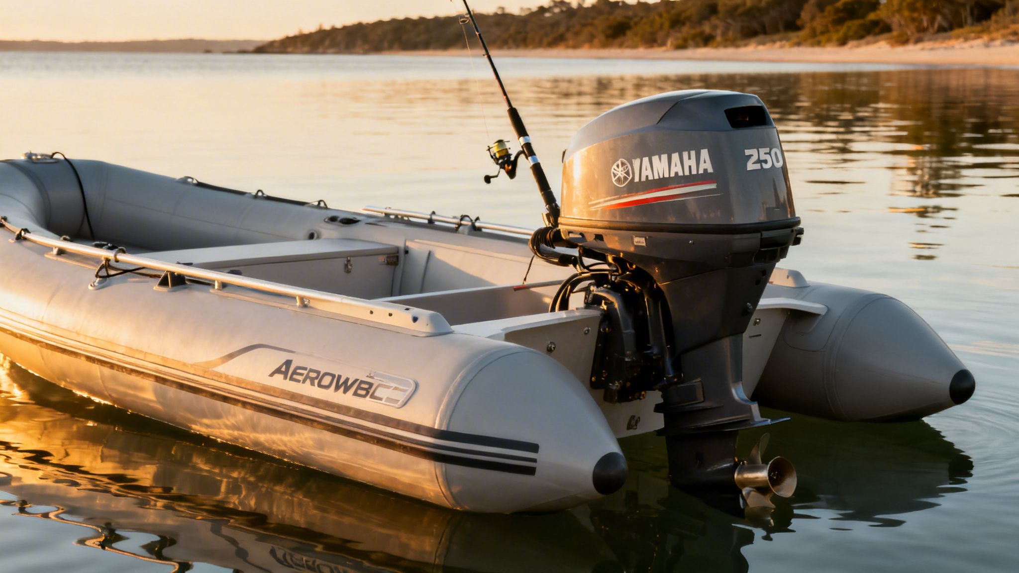 A grey inflatable boat with a Yamaha 250 outboard engine and a fishing rod on calm water at sunset.