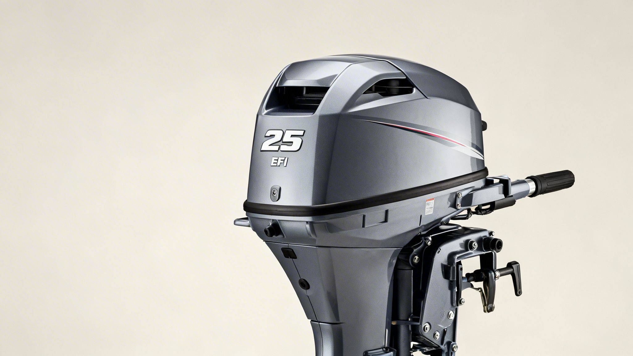 A sleek grey Yamaha 25 HP EFI outboard engine with a visible tiller handle.