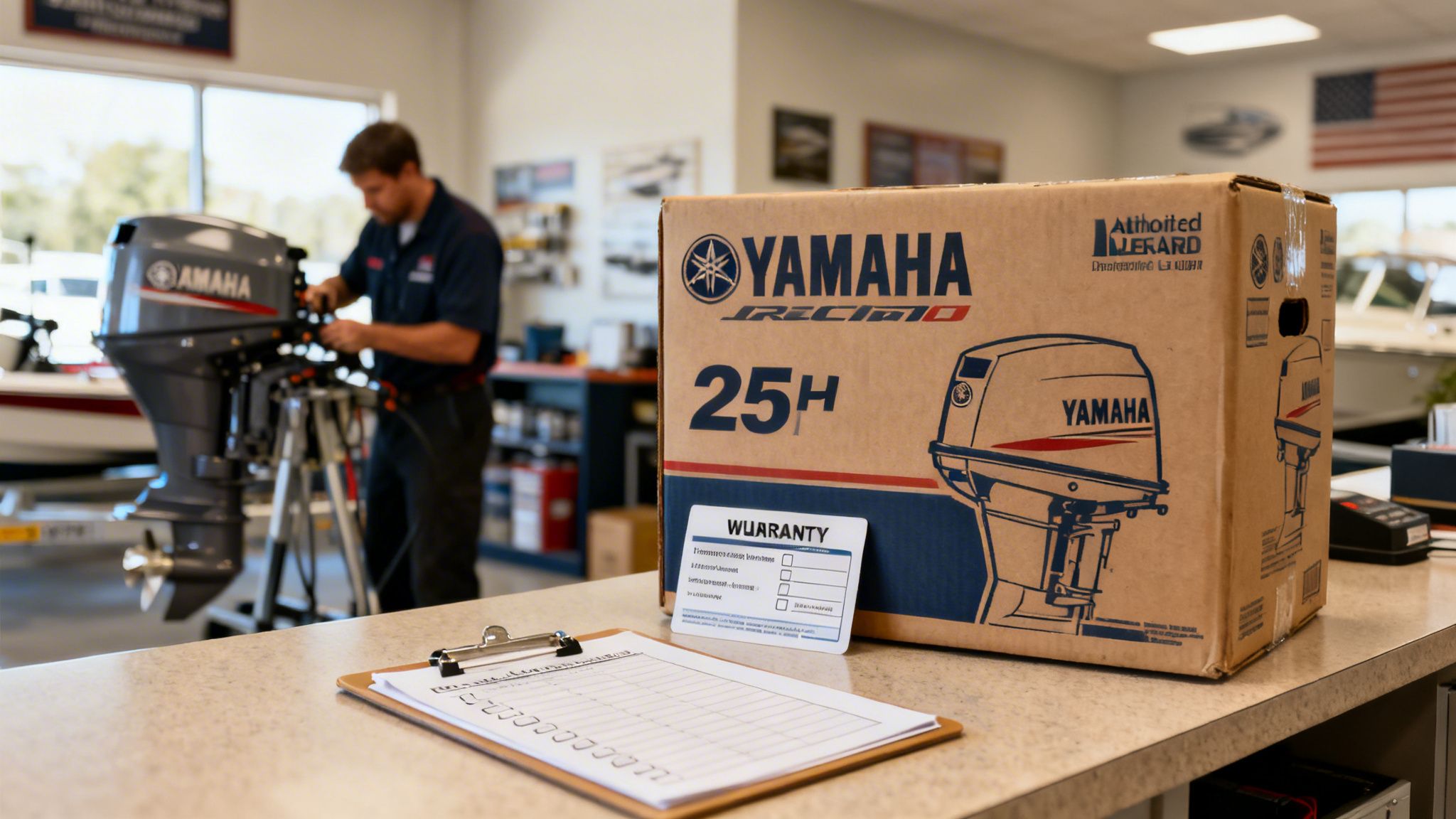 A Yamaha 25 HP outboard engine box on a counter, with a mechanic working in a marine shop.