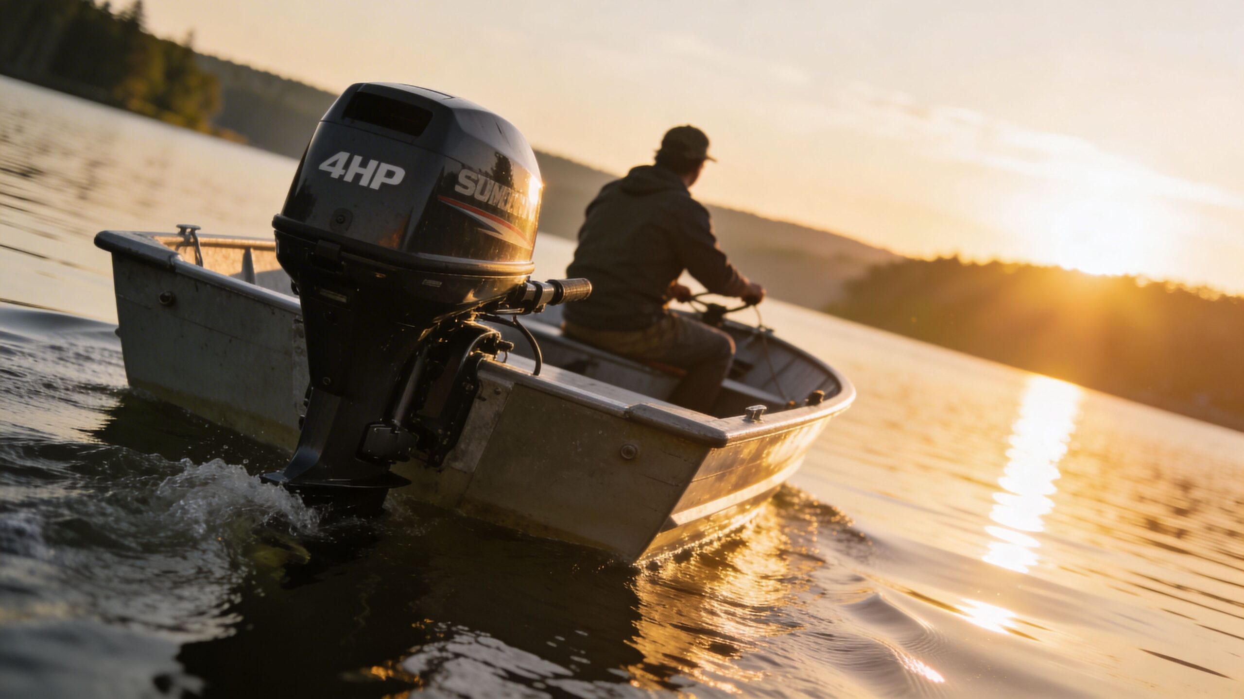 A person steering a small aluminum boat with a 4HP outboard motor during a golden sunset