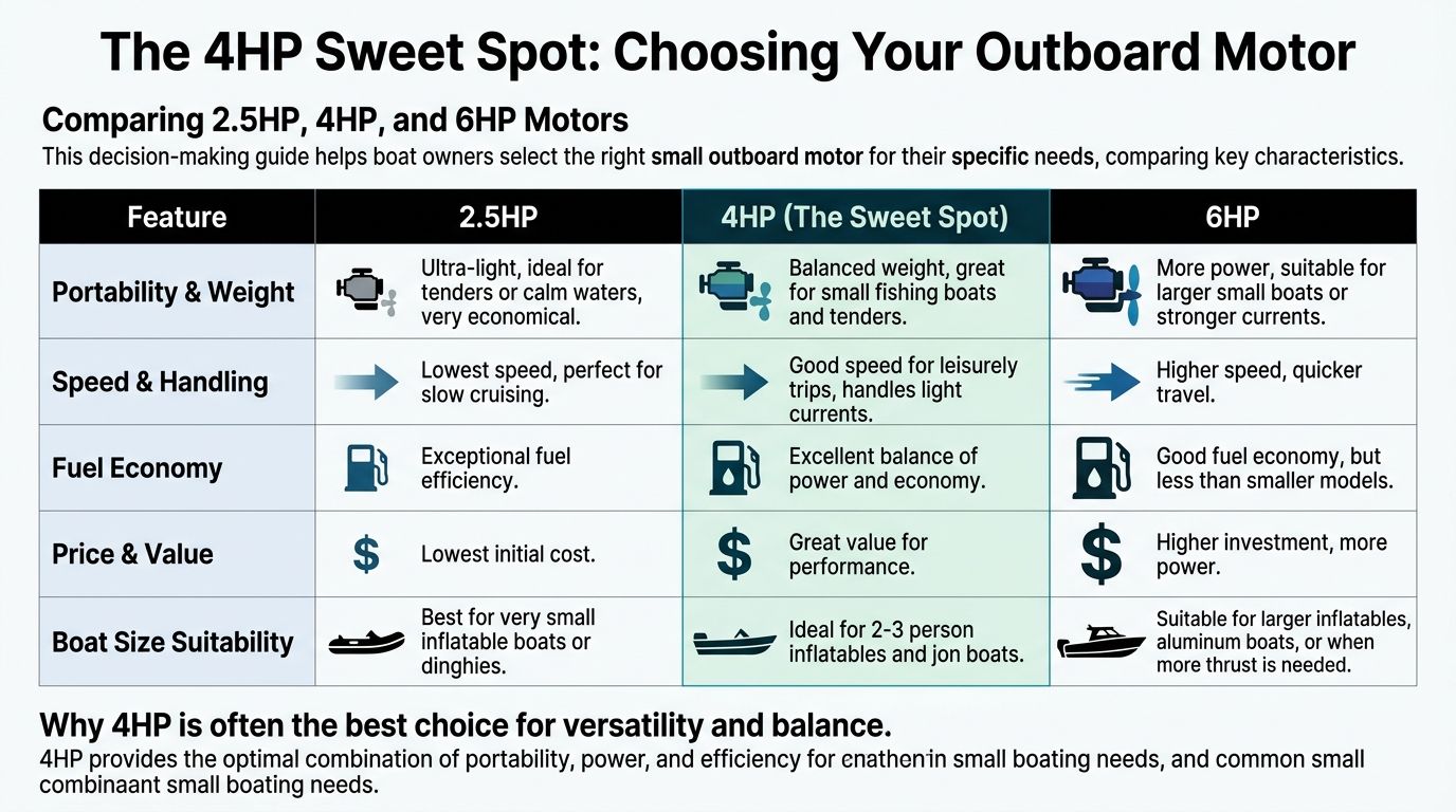 A comparison chart outlining the pros and cons of 2.5HP, 4HP, and 6HP outboard boat motors.
