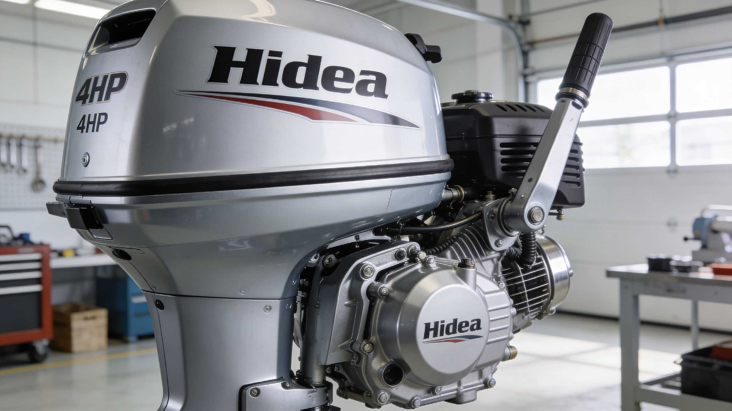 A silver Hidea 4 horsepower outboard motor displayed inside a professional workshop or maintenance facility.