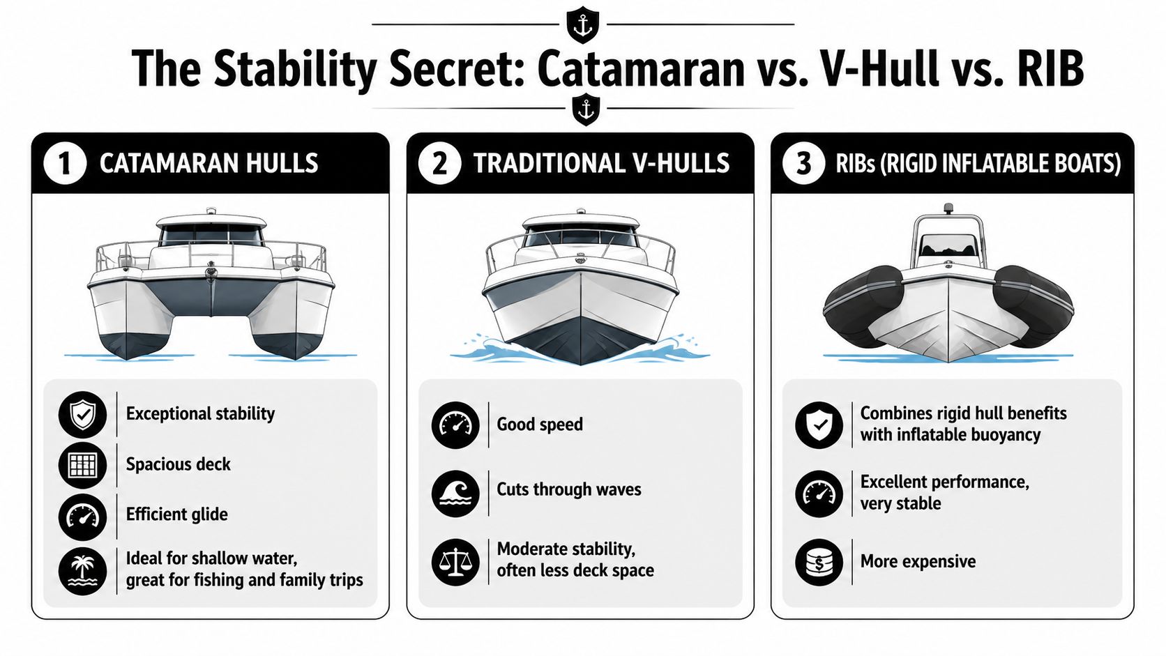 A comparison chart showing the differences in stability and features between catamarans, V-hull boats, and RIB boats.