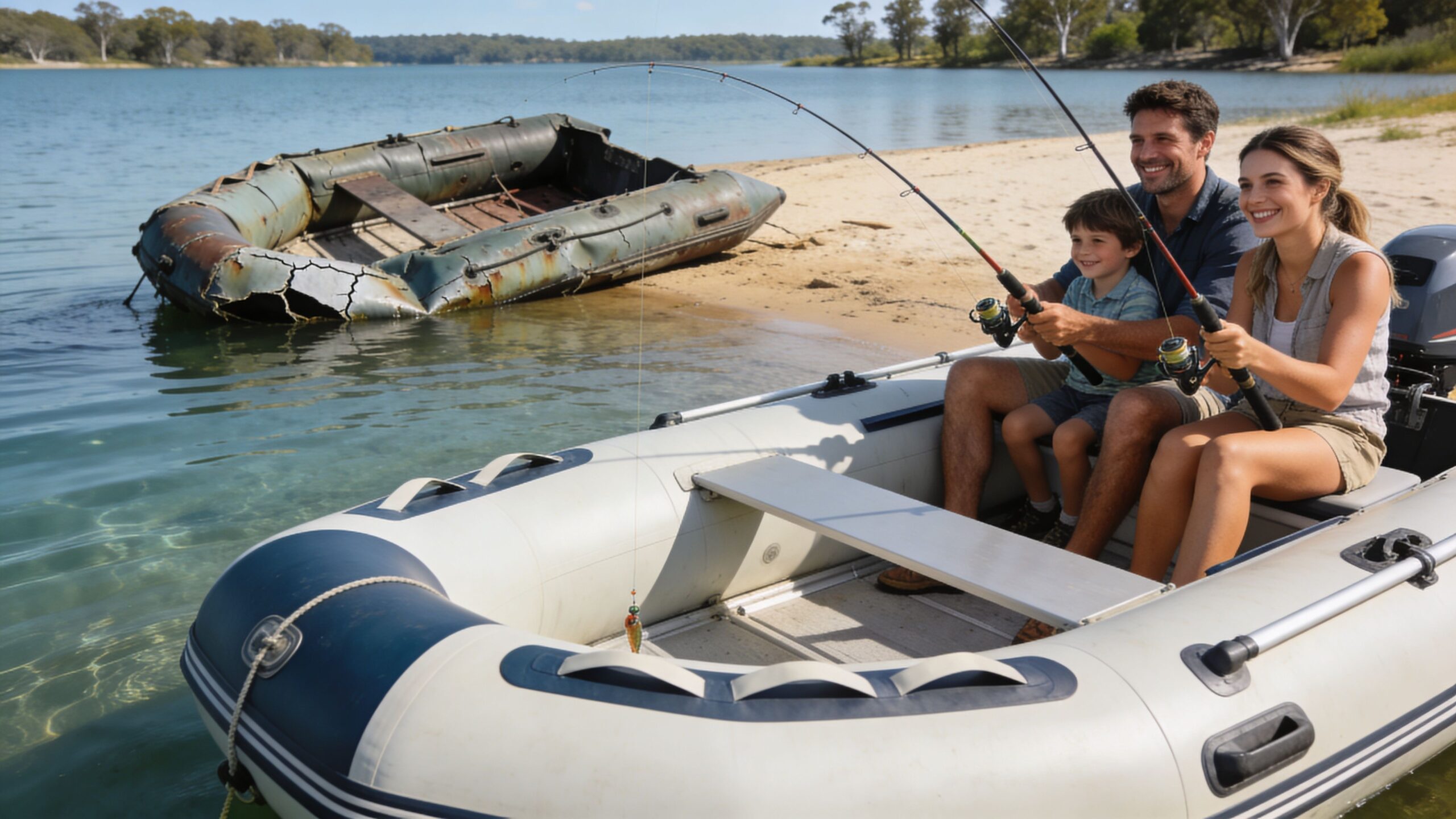 A happy family fishing together from an inflatable boat on a sunny day at the lake.