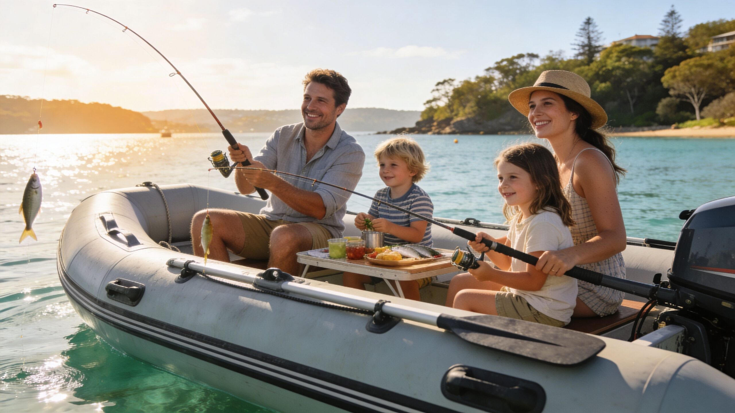 A happy family fishing together from a white inflatable boat on a sunny day at the sea.