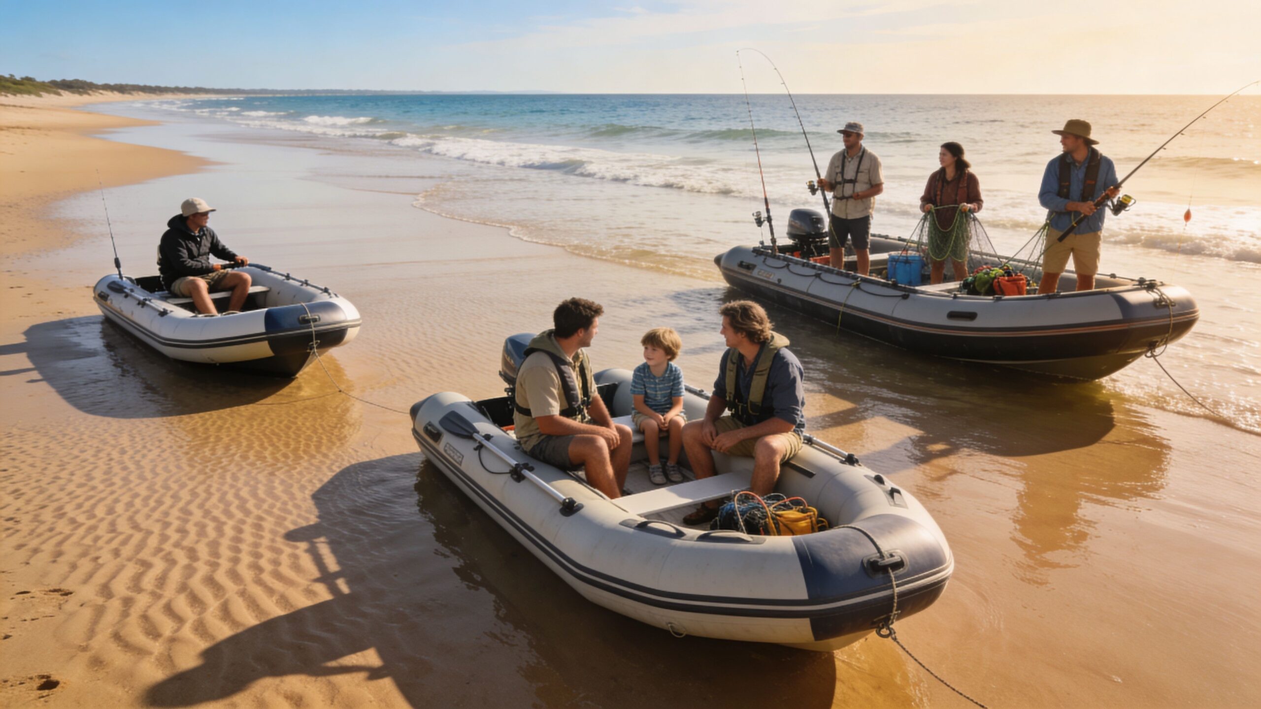 A group of people sitting in inflatable motorboats on a sandy beach shore during a sunny day.