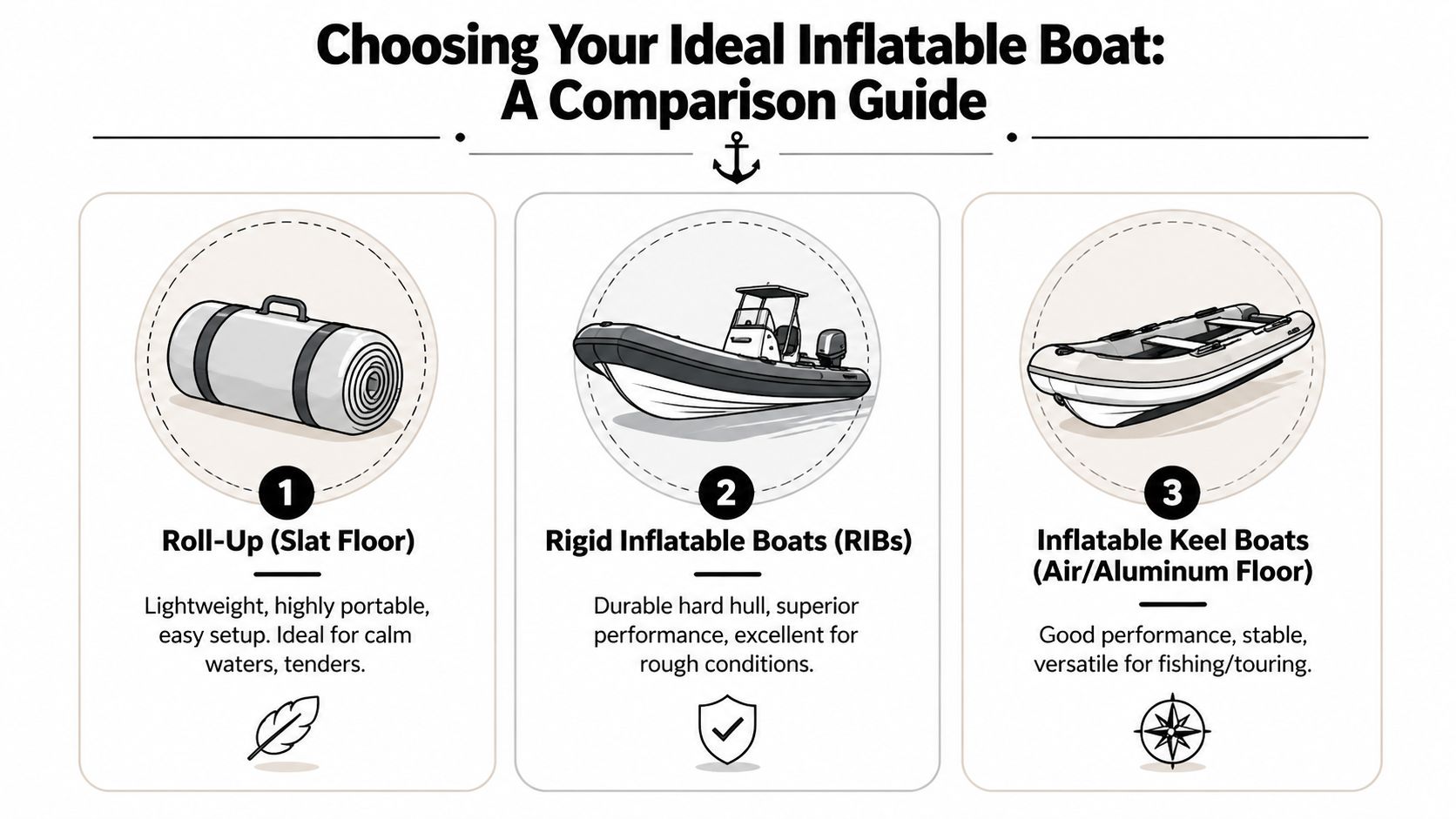 A comparison guide for choosing the ideal inflatable boat, showing roll-up, rigid, and inflatable keel boat options.