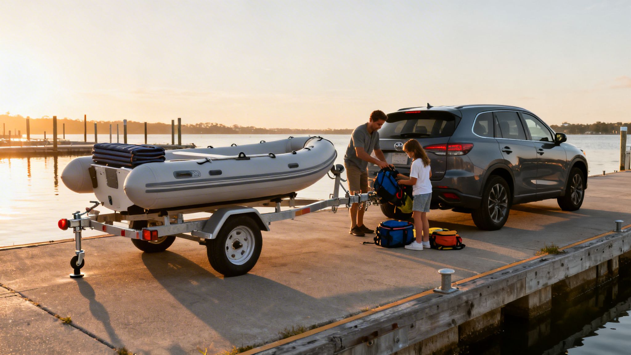 Father and daughter loading gear by a boat on a trailer, next to a car at a dock.