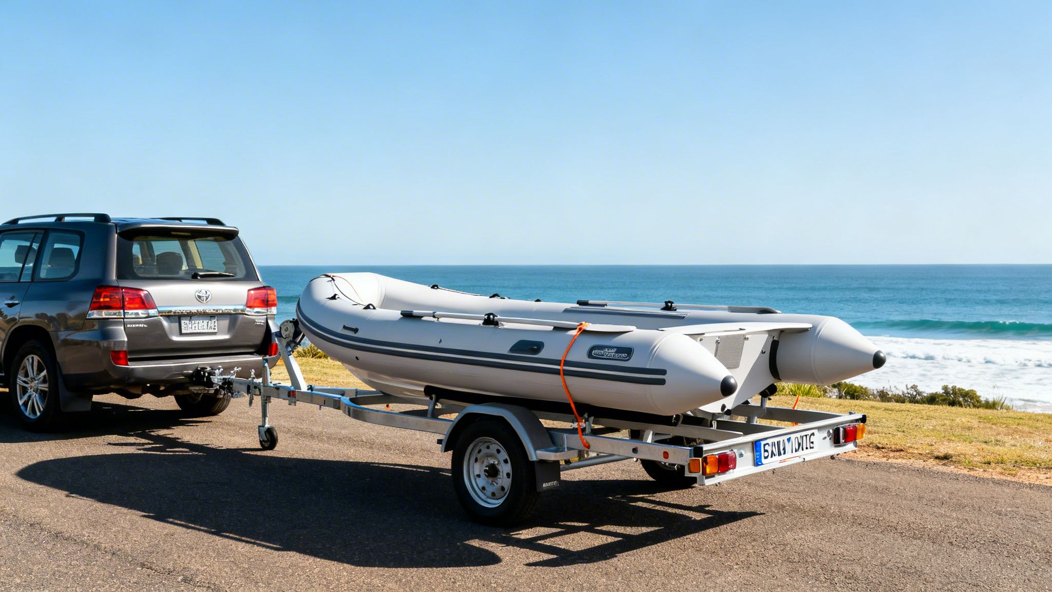Grey SUV towing an inflatable boat on a trailer by the ocean on a sunny day.