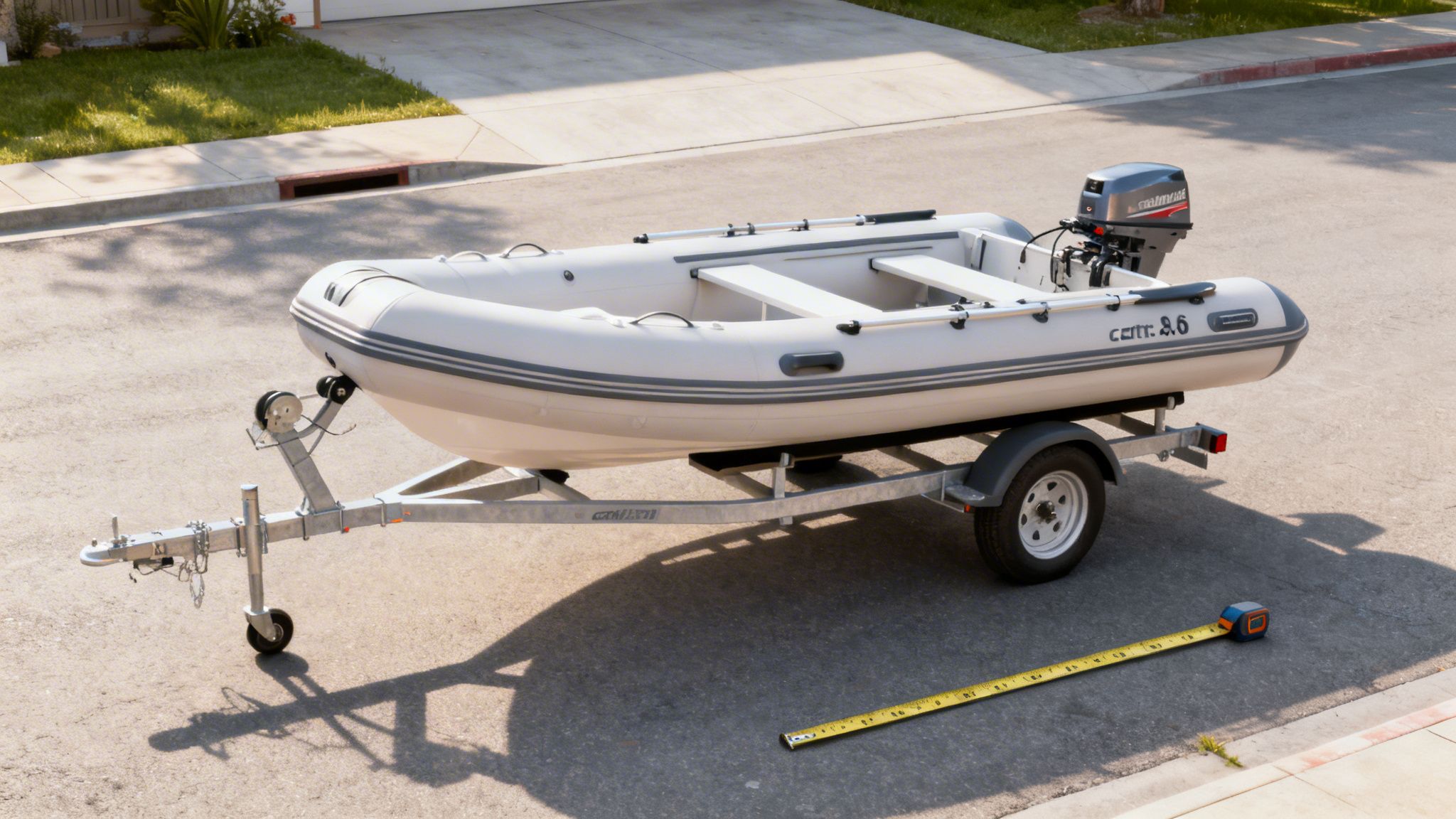 A grey inflatable boat with an outboard motor sits on a silver trailer, with a measuring tape nearby.