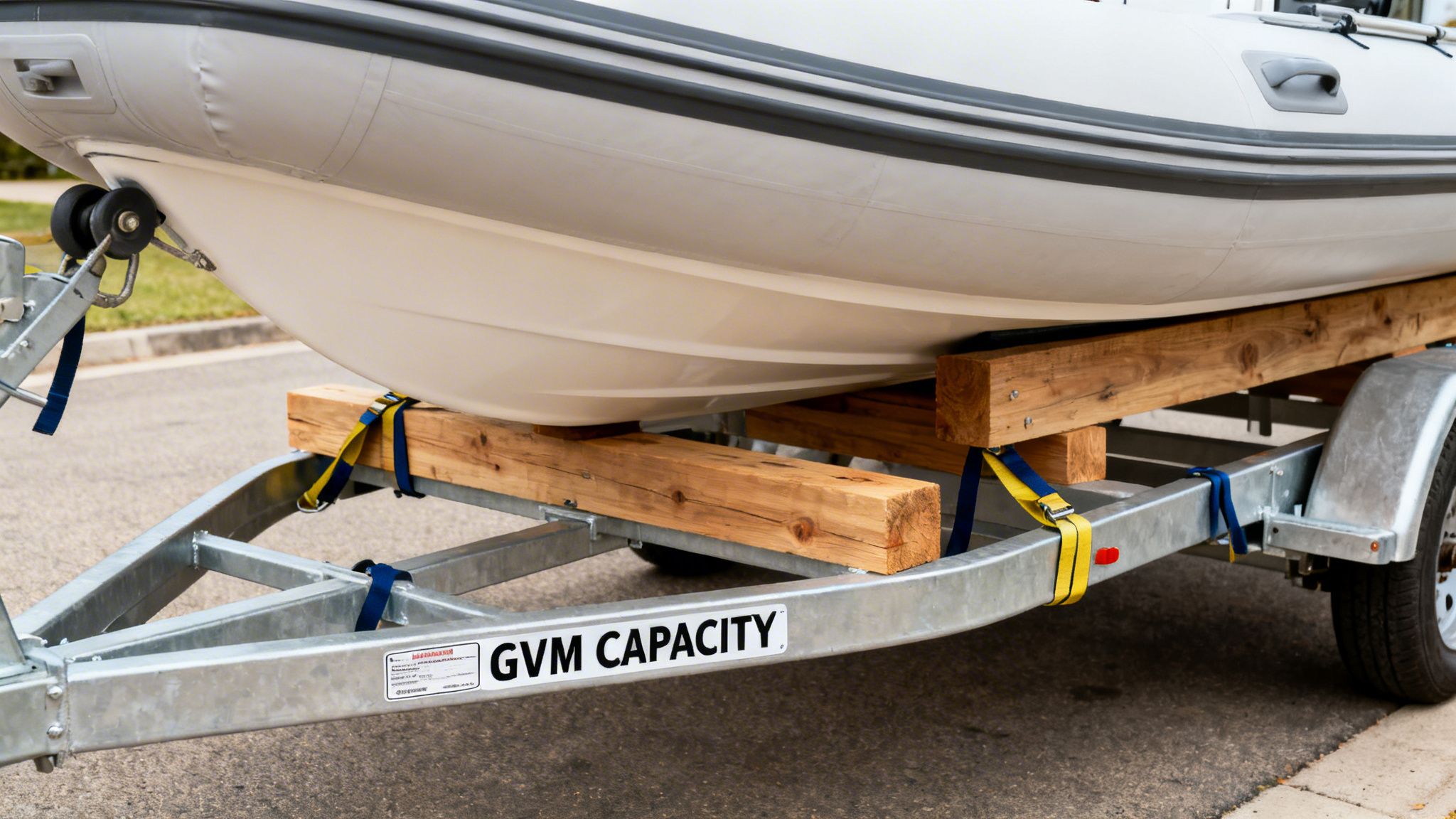 A white inflatable boat with a black rub rail securely strapped to a galvanized metal trailer on an asphalt road.