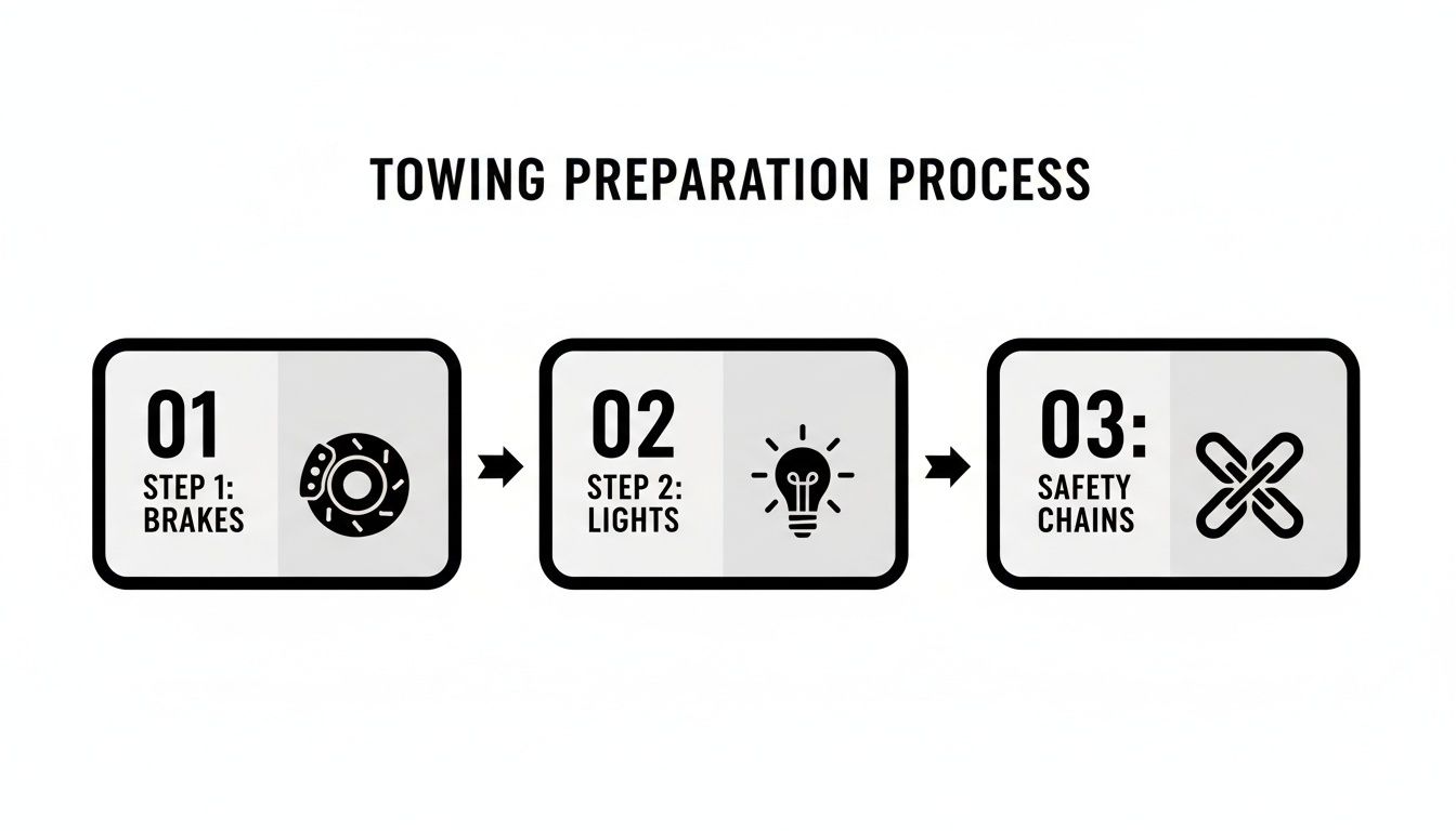 A diagram illustrating the three-step towing preparation process: brakes, lights, and safety chains.