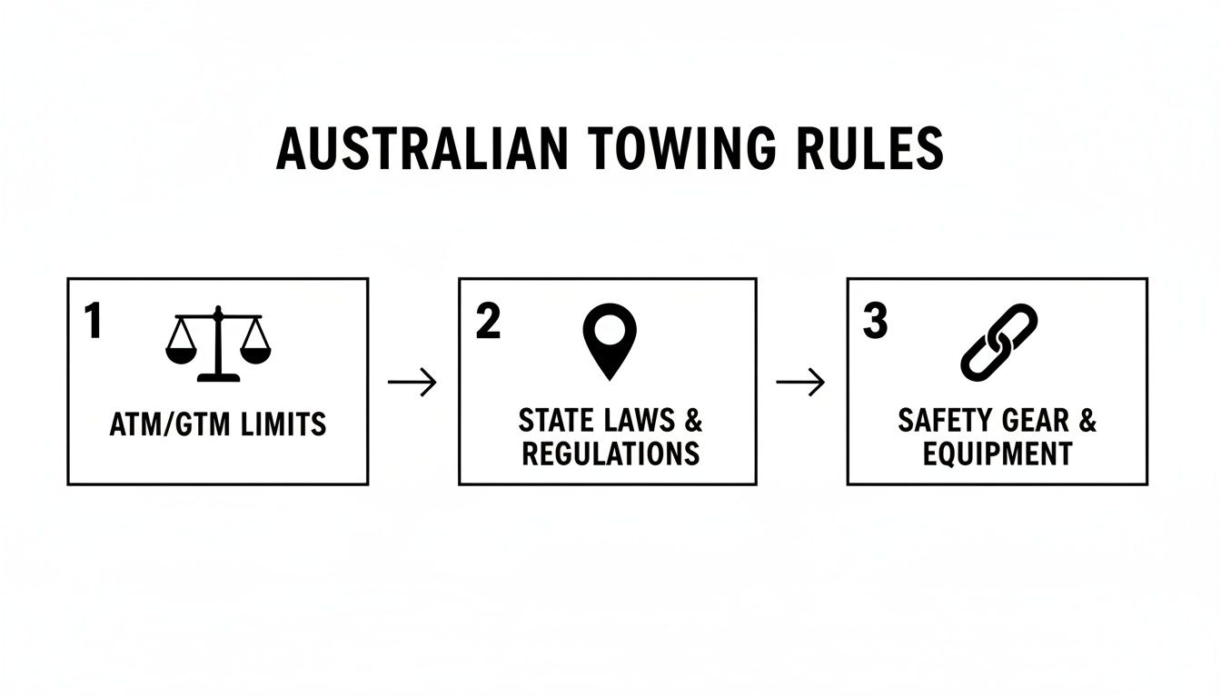 Flowchart illustrating Australian towing rules: ATM/GTM limits, state laws, and safety gear requirements.