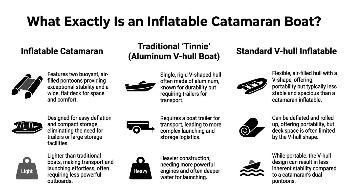 An infographic comparing inflatable catamarans, traditional aluminum v-hull boats, and standard v-hull inflatable boats.