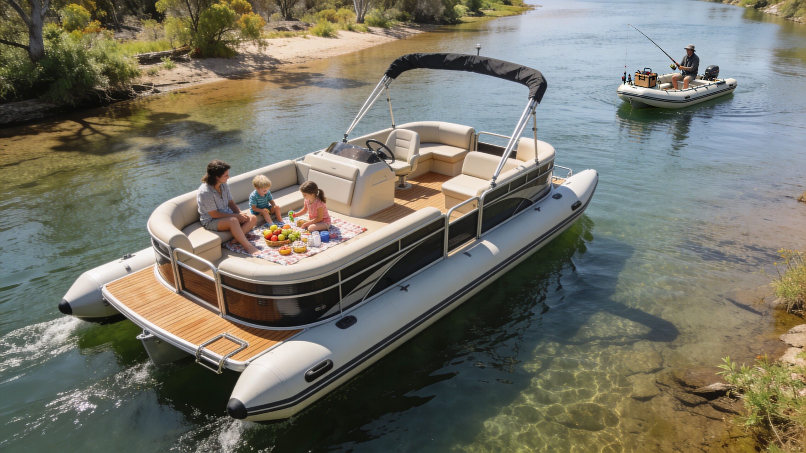 A family enjoying a picnic on a luxurious inflatable catamaran boat while a man fishes nearby.