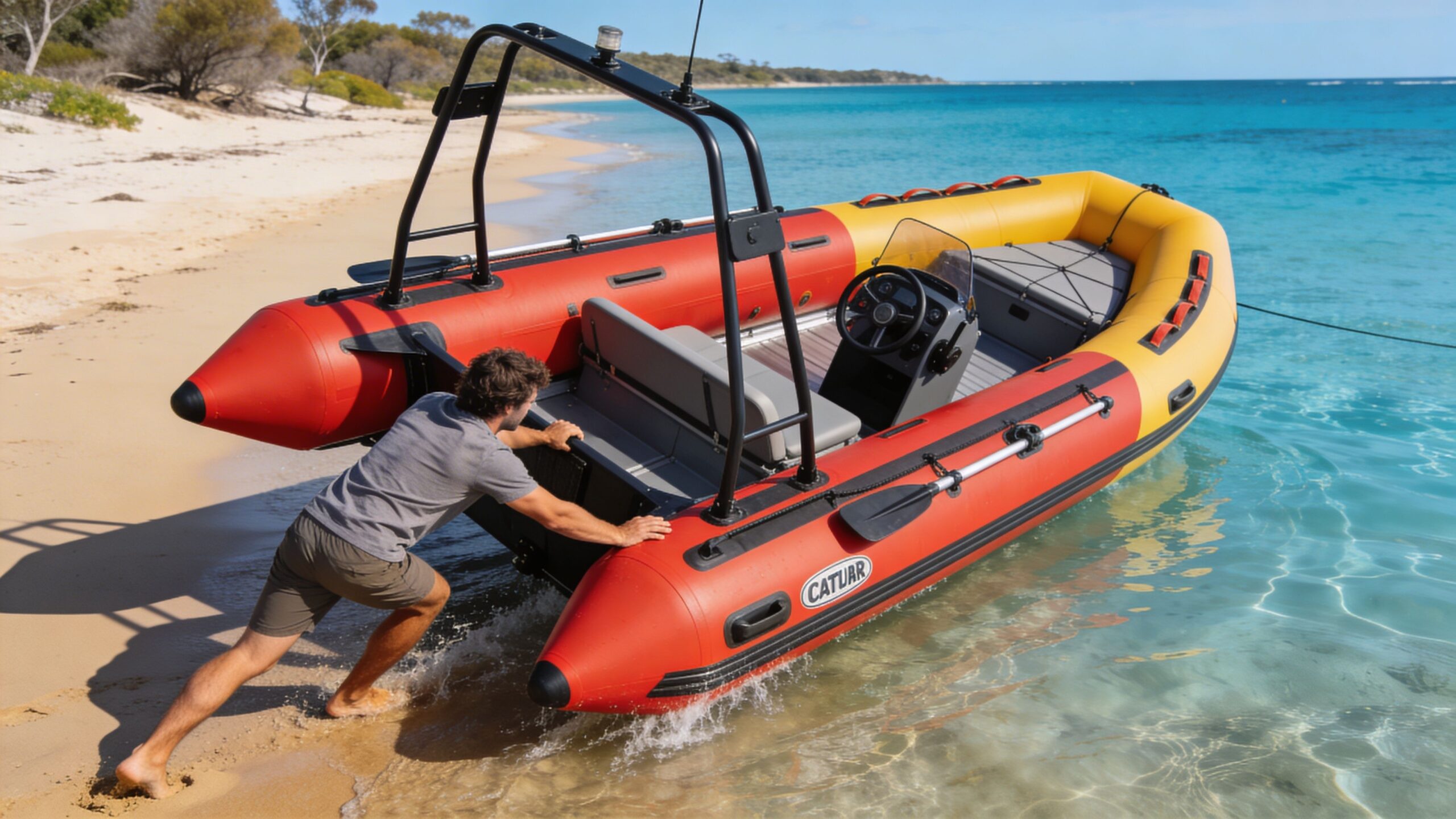 A man pushes a colorful Catuar inflatable boat into the clear turquoise waters of a sunny beach.