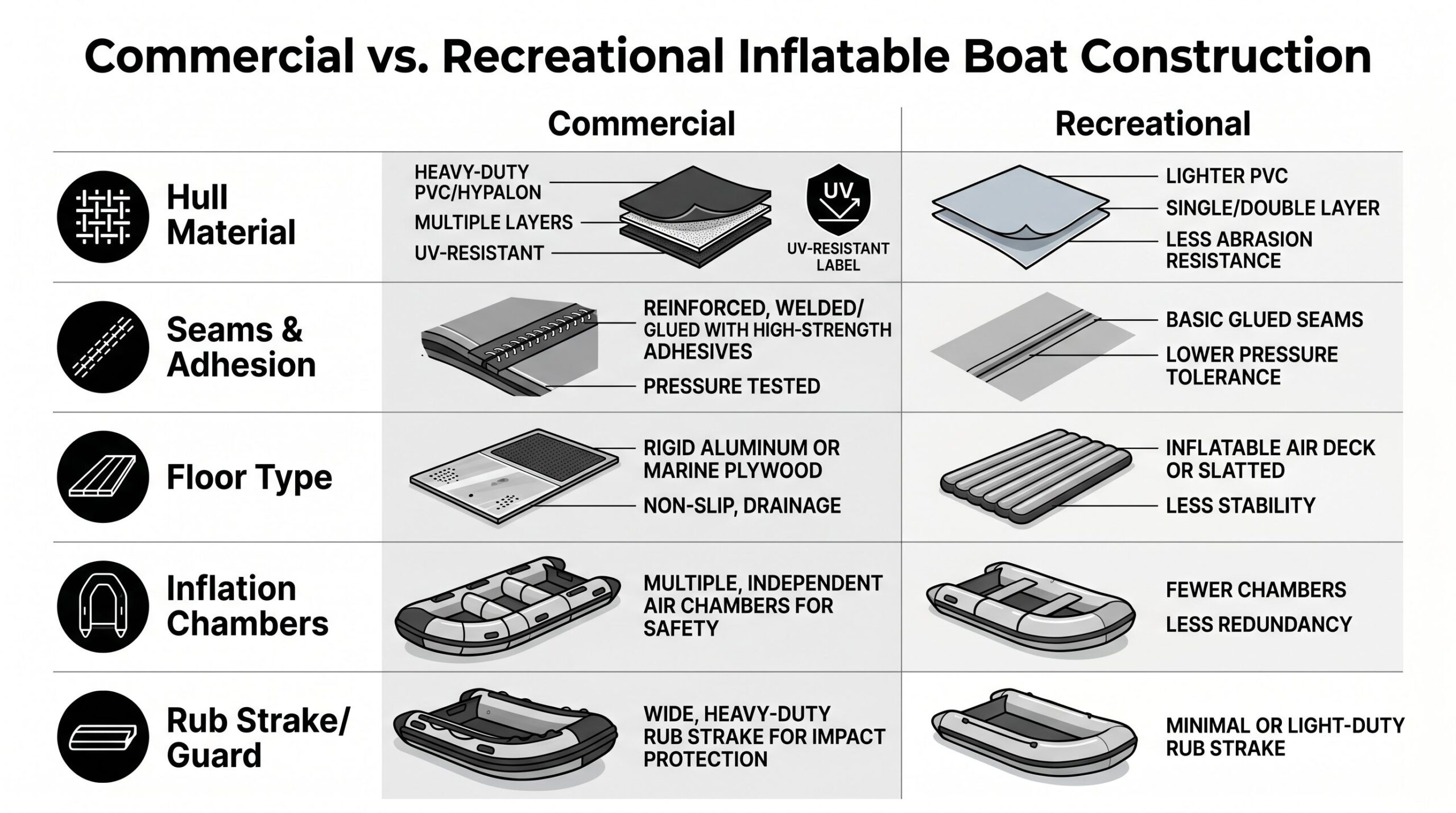 A comparison chart showing structural differences between commercial and recreational inflatable boats for durability and safety.