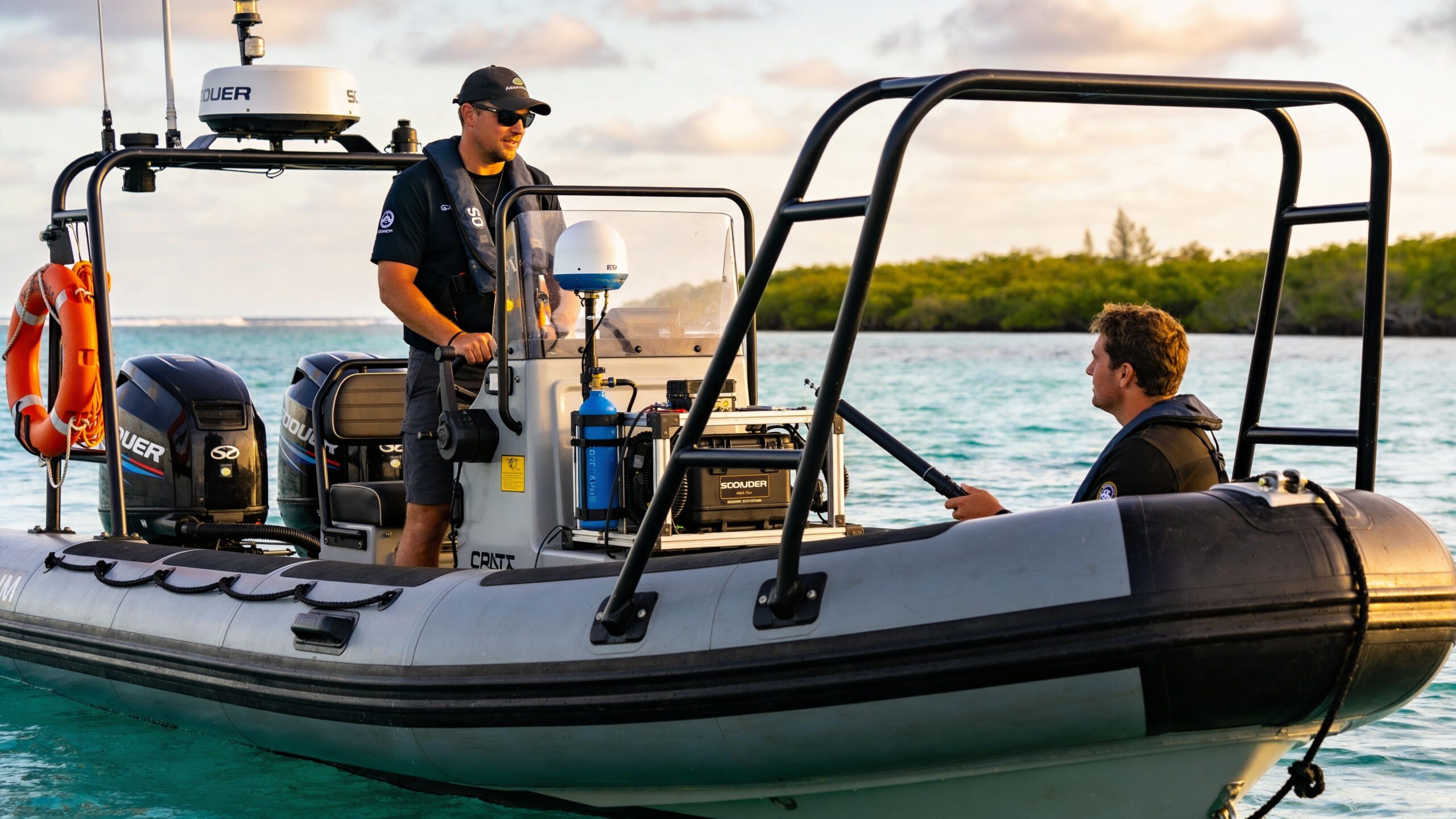 Two crew members in life vests operating a gray commercial inflatable boat on a sunny tropical water.