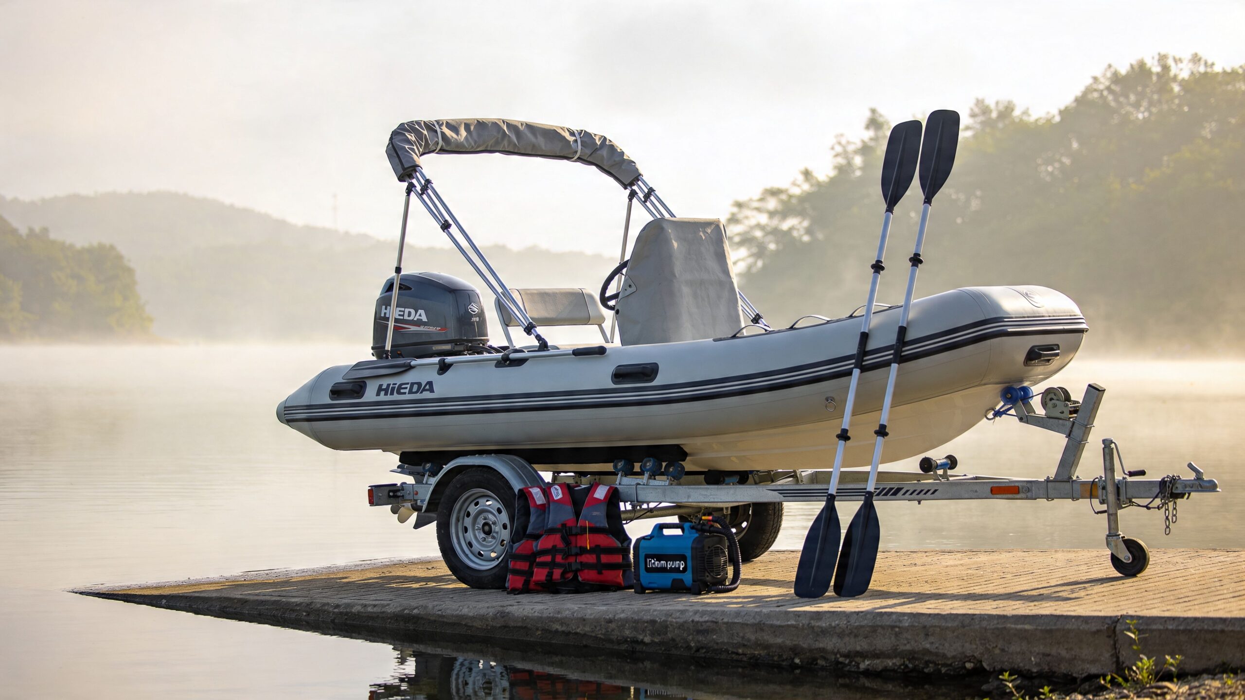 A Hiada inflatable boat with an outboard motor on a trailer parked on a boat ramp at dawn.